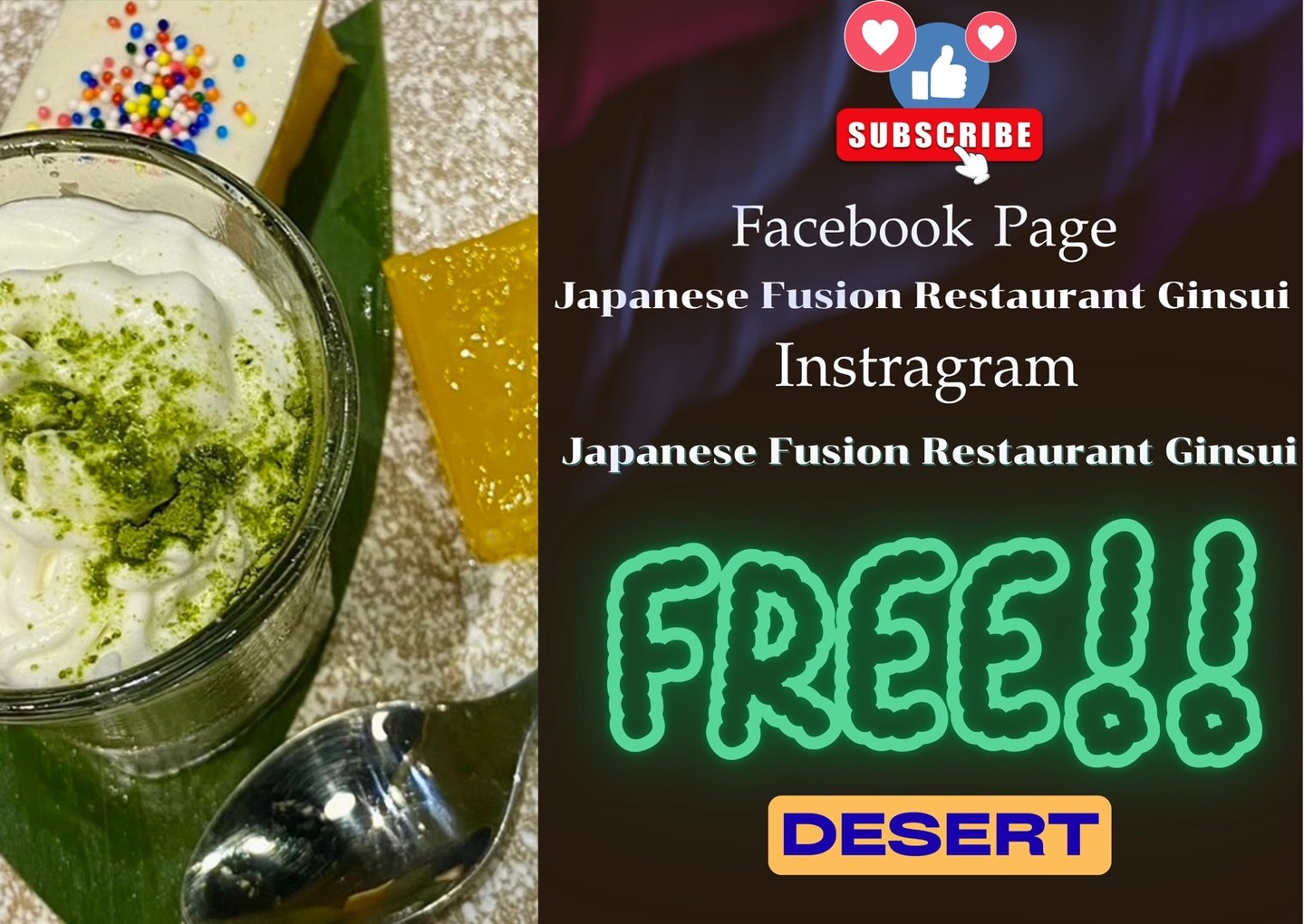 เมื่อมาทานอาหารที่ร้านกินซุย แล้วกดถูกใจเพจในเฟสบุ๊ค 📱 และติดตามในอินสตาแกรม 📸 รับฟรี!! ของหวานพิเศษจากทางร้าน ได้แก่ พุดดิ้งมัทฉะท็อปวิปครีม 🧁...