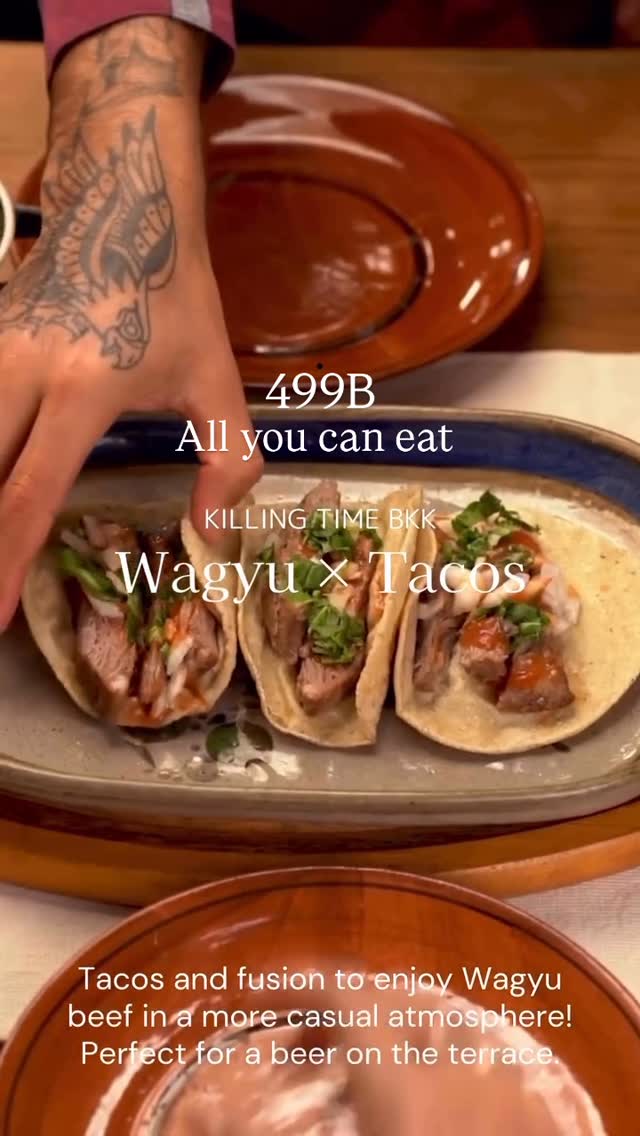 Monday: Tacos day
✅90min all-you-can-eat 499B
✅Beef,fishi
✅Beer buy 2 get 1 free

Super lucky day
Please enjoy

"Wagyu, without the rules"
A casual Wagyu & Japanese sake bar in the heart of Thonglor.
Chill on our spacious terrace with drinks in authentic Japanese glassware.
Unique cocktails, rare sake,
Luxury taste, laid-back vibes.

—

บาร์วากิวและสาเกญี่ปุ่นสไตล์แคชชวล ใจกลางทองหล่อ
มีโซนเทอเรสกว้างนั่งสบาย
ค็อกเทลและสาเกสุดพิเศษ พร้อมเสิร์ฟในแก้วญี่ปุ่นแท้
พิเศษ!
อร่อยแบบพรีเมียม ในบรรยากาศสบาย

—

当店はオーナーの出身地鹿児島の薩摩和牛を使用した
肉寿司やステーキはもちろんのこと、バンコク店限定のユニークなメニューを提供しています。
店内は薩摩切子や日本の酒器でお酒を楽しめるレストランバースタイル、軽く一杯などお酒のみの来店もでも大歓迎です。

#killingtimebkk
#tacos