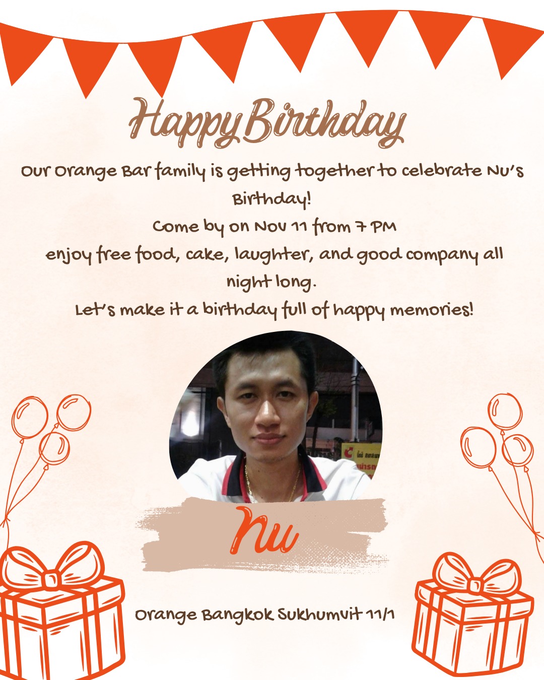 Tonight, the fun starts early at Orange Bar Sukhumvit 11/1 — and it keeps going tomorrow with Nu’s Birthday Party! 🎂
Don’t miss two amazing nights filled with good vibes, laughter, and the Orange Bar spirit. See you tonight and again tomorrow! 🧡

คืนนี้สนุกได้ตั้งแต่ต้นสัปดาห์ที่ Orange Bar Sukhumvit 11/1
และพรุ่งนี้เตรียมตัวฉลองวันเกิดของ Nu 🎂
อย่าพลาดสองคืนแห่งความสนุกและเสียงหัวเราะ เหมือนที่มีได้ที่นี่เท่านั้น! 🧡

#OrangeBar #BangkokNights #Sukhumvit11 #BangkokParty #BangkokFun #BangkokBar #Soi11 #BangkokNightlife