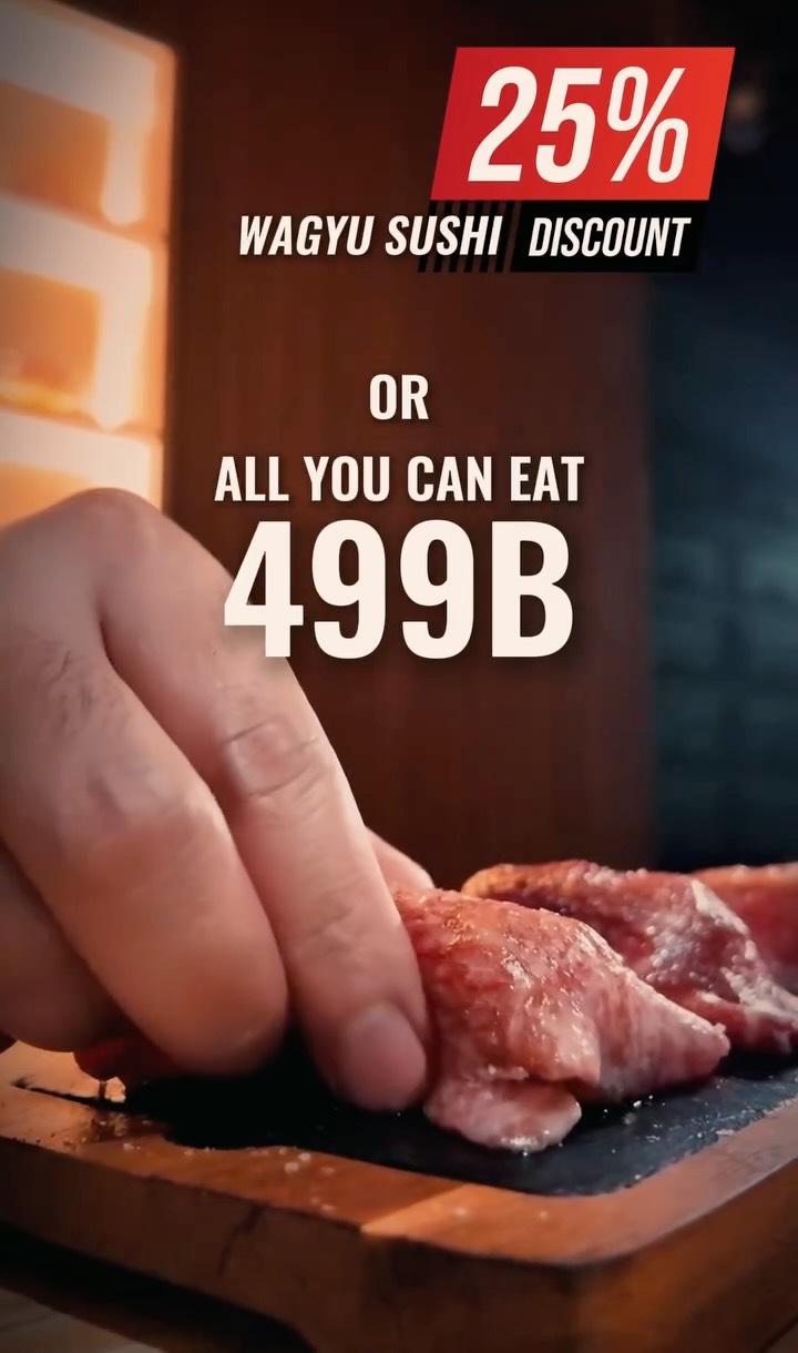 Every Friday at KILLINGTIME BKK, we offer all-you-can-eat wagyu sushi or 25% off! Enjoy the exquisite harmony of meat and seafood by pairing it with wine or Japanese sake.

ทุกวันศุกร์ที่ KILLINGTIME BKK เรามีซูชิวากิวแบบบุฟเฟ่ต์ หรือลด 25%! สัมผัสความลงตัวของเนื้อและอาหารทะเลชั้นเลิศ จับคู่กับไวน์หรือสาเกญี่ปุ่น

毎週金曜日のKILLINGTIME BKKは
和牛寿司が食べ放題か25％OFFのお得な日！
ワインや日本のお酒を組み合わせていただくことで、肉と海鮮の絶妙なハーモニーをお楽しみいただけます。