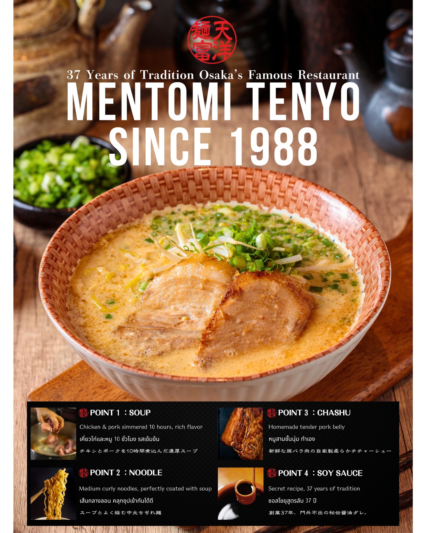 “ลิ้มรสความละมุนจากโอซาก้า… ราเมงที่ผ่าน 37 ปีแห่งความพิถีพิถันสู่ชามพิเศษสำหรับคุณ”
“เราต้มซุป 10 ชั่วโมง เพื่อให้คุณใช้เวลาแค่ 10 วินาทีในการหลงรัก”


「大阪の味を堪能してください…37年間、丹精込めて作り上げたラーメンを、特別な器にお届けします。」
「スープは10時間煮込んでいます。たった10秒で虜になるはずです。」

“Taste the delicacy of Osaka… Ramen crafted with 37 years of meticulous care, delivered to your special bowl.”
“We simmer the soup for 10 hours, so you can fall in love in just 10 seconds.”