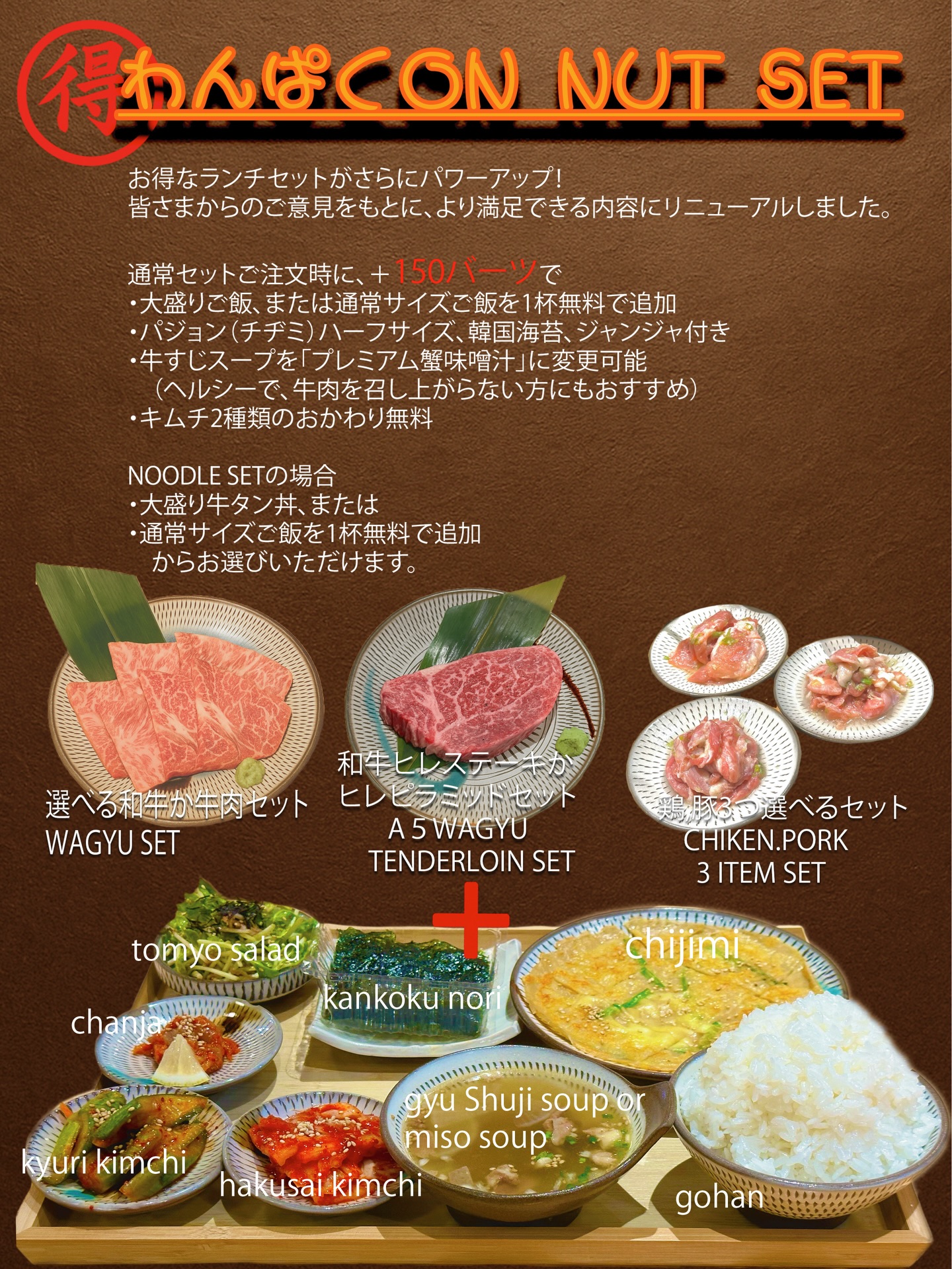 オンヌット店限定✨️平日限定
超大人気ランチセットに➕150Bでわんぱくセットに変更可能🥰
なんと白菜キムチ、きゅうりキムチオカワリ無料
更に、山盛りご飯330g又は普通盛りご飯1杯オカワリ無料
そして牛すじスープを超豪華蟹の見入り味噌汁に変更可能🦀
ミニチヂミ、チャンジャ、韓国のりまで😳
そしてもちろんお茶もオカワリ自由です🍵
⁡
セット内容⬇️
・お好きなお肉
・ミニチヂミ
・チャンジャ
・白菜キムチ
・きゅうりキムチ
・韓国のり
・スープ
・ご飯
・ミニ豆苗サラダ
เฉพาะสาขาอ่อนนุช ✨️เฉพาะวันธรรมดา
สามารถอัปเกรดชุดอาหารกลางวันสุดฮิตเป็น “ชุดว่านปากุ” เพิ่มเพียง 150 บาท 🥰
และสามารถเติม กิมจิผักกาดขาว กับ กิมจิแตงกวา ฟรีได้
นอกจากนี้สามารถเติมข้าวได้ ทั้งข้าวจานใหญ่ 330 กรัม หรือข้าวจานปกติ 1 ถ้วย ฟรี
และสามารถเปลี่ยนซุปเอ็นวัวเป็น ซุปมิโสะใส่ปูสุดหรู ได้ 🦀
ยังมี จิจิมิขนาดเล็ก, ชันจา, สาหร่ายเกาหลี ให้ด้วย 😳
แน่นอนว่า ชาเติมได้ไม่อั้น 🍵

⸻

รายละเอียดชุดอาหาร ⬇️
	•	เนื้อที่คุณเลือก
	•	จิจิมิขนาดเล็ก
	•	ชันจา
	•	กิมจิผักกาดขาว
	•	กิมจิแตงกวา
	•	สาหร่ายเกาหลี
	•	ซุป
	•	ข้าว
	•	สลัดถั่วงอกเล็ก