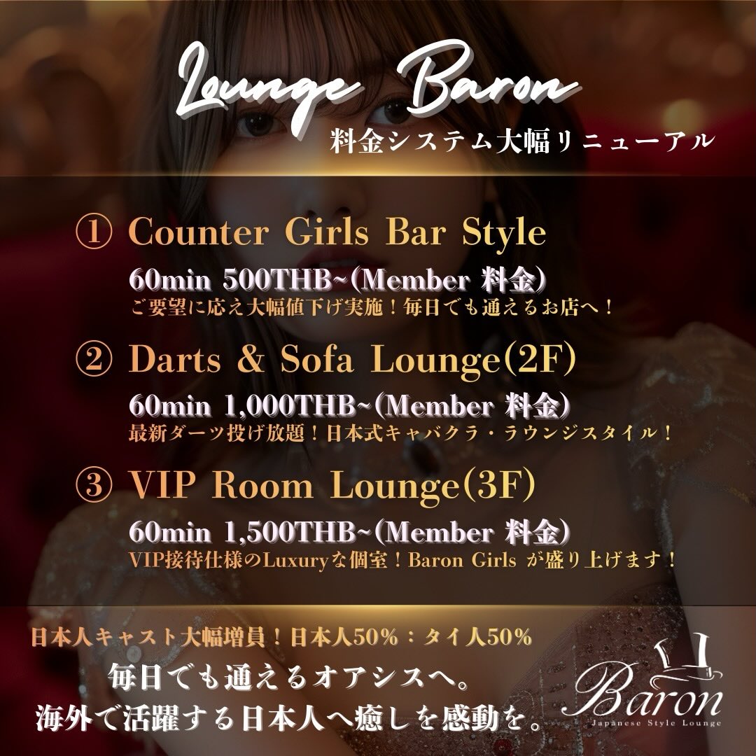 ✨ BARON – 料金システム 大幅リニューアル！ ✨
お得に通いやすく、さらに快適に楽しめるお店へ💕

日本人キャスト大幅増員‼️
🇯🇵日本人50%：🇹🇭タイ人50%
毎日でも通える“癒しのオアシス”にアップグレード🌙

——————————————
🍸 1F｜Counter（Girls Bar Style）
60min 500THB〜（Member）
➡️ 大幅値下げで、気軽に毎日でも通える価格に✨

🎯 2F｜Darts & Sofa Lounge
60min 1,000THB〜（Member）
➡️ 最新ダーツ投げ放題！日本式キャバクラ・ラウンジスタイル

👑 3F｜VIP Lounge
60min 1,500THB〜（Member）
➡️ ラグジュアリー個室で特別なひとときを…🍾

——————————————

海外で頑張る皆さまへ、
癒し・楽しさ・感動をお届けします。
Lounge BARON