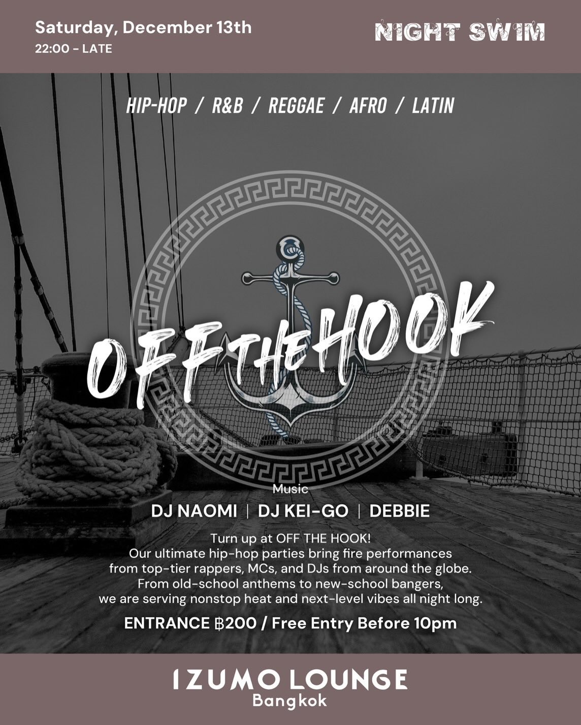 🪝Off The Hook this Saturday, December 13🪝 

🎧 Sounds by: DJ Naomi, DJ Kei-Go & Debbie on rotation

🔥 Nonstop heat, premium vibes and free entry before 10pm.

#izzumolounge #bangkoknightlife #bangkokevents #hiphopbangkok rnbbangkok afrobeatsbangkok reggaebangkok latinmusicbangkok