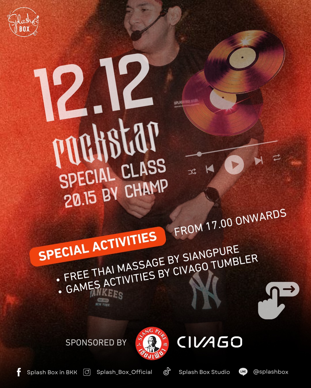 Are you ready to ROCK this 12.12? 🤘

🎸 THE SPECIAL CLASS: 20.15 - 21.15: "Rock Theme Song" by Champ

🎉 SPECIAL ACTIVITIES (Starting from 17:00)
- 💆‍♂️ Free Thai Massage by Siangpure
- 🎲 Game Activities & Prizes by CIVAGO Tumbler

Don't just workout, party like a rockstar.

___________________________
🏋🏼 Splash Box in BKK
📌 Marche’ Thonglor, Building A, 5M Floor
🕘 Opening hours : 9:00 to 22:00

Book Now
👇Line Official : @ splashbox

#Splashbox #DarkBeatBoxercise
#ผับของคนรักสุขภาพ #ThonglorGym #PrivateGym #BangkokGym #BangkokFitness