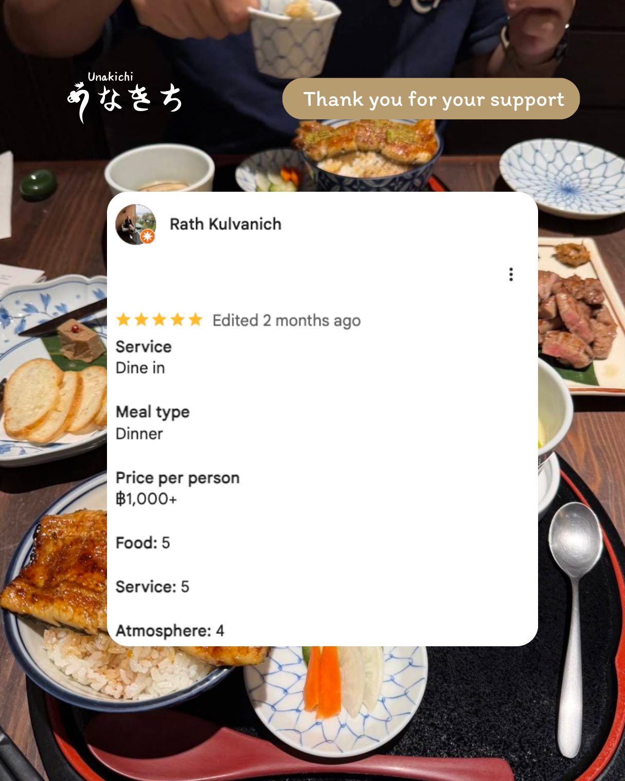 Thank you for your support  Rath Kulvanich, 
Review : https://share.google/1iG1wCl0XOFL1Kg61

ขอบคุณที่สนับสนุนร้าน Unakichi Thailand มากๆ ค่ะ Unakichi ยังมีเมนูน่าทานจากปลาไหลญี่ปุ่นแท้  และวัตถุดิบอื่นๆ ที่เราคัดสรรส่งตรงจากญี่ปุ่น 🇯🇵 สามารถสอบถามเพิ่มเติมจากพนักงานที่หน้าร้านของเราได้ค่ะ 🙇🏻‍♀️🙏🏻 

Booking or more information:
🔸 Line: @unakichi.th 
☎️ Tel: 098 104 0010

#unakichic #unakichithailand #unakichibkk #unakichiset