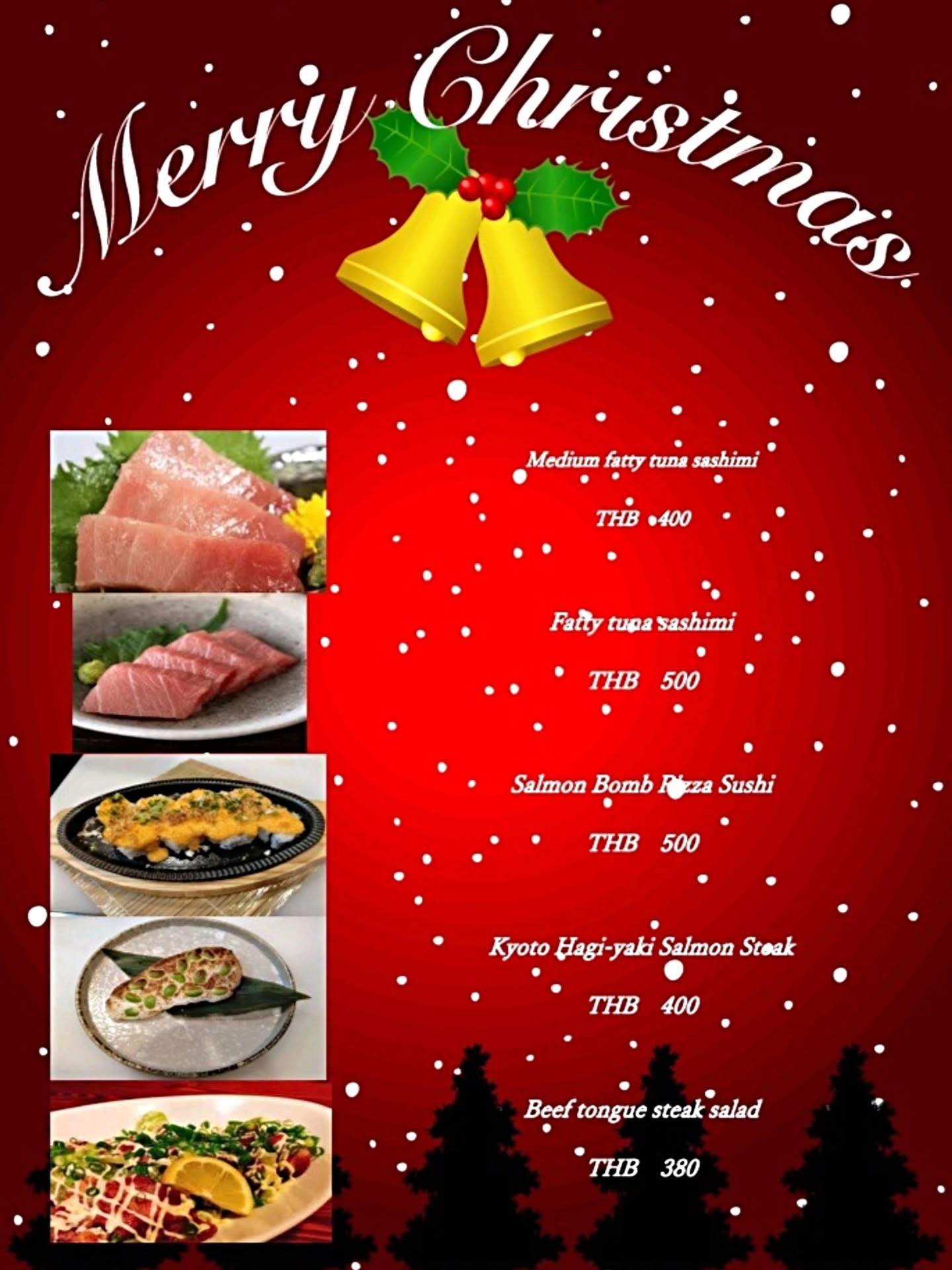 เมนูแนะนำวันคริสต์มาสซีซันนี้🎁 ส่วนลดโปรโมชันเมนูพิเศษ คุณลูกค้าสามารถพาครอบครัวมาทานได้นะคะ🎅

Recommended Christmas season menu 🎁 Special menu promotion discount. Dear customers, you can bring your family to dine with us 🎅