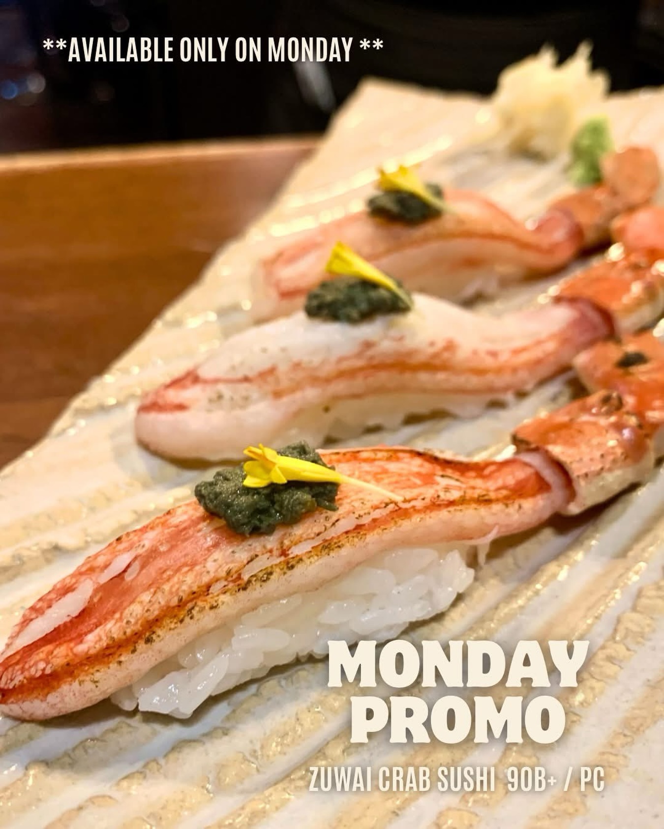 🦀 MONDAY PROMO IS BACK!!🦀

Today, treat yourself to our Zuwai Crab Sushi (only 90B++/PC). 
The sweetness of the crab, perfectly torched, paired with that umami crab butter... pure bliss!

Don’t miss this limited-time Monday special! 📍

#kenjislab #WeareOpenTodayAndEveryday ‼️
