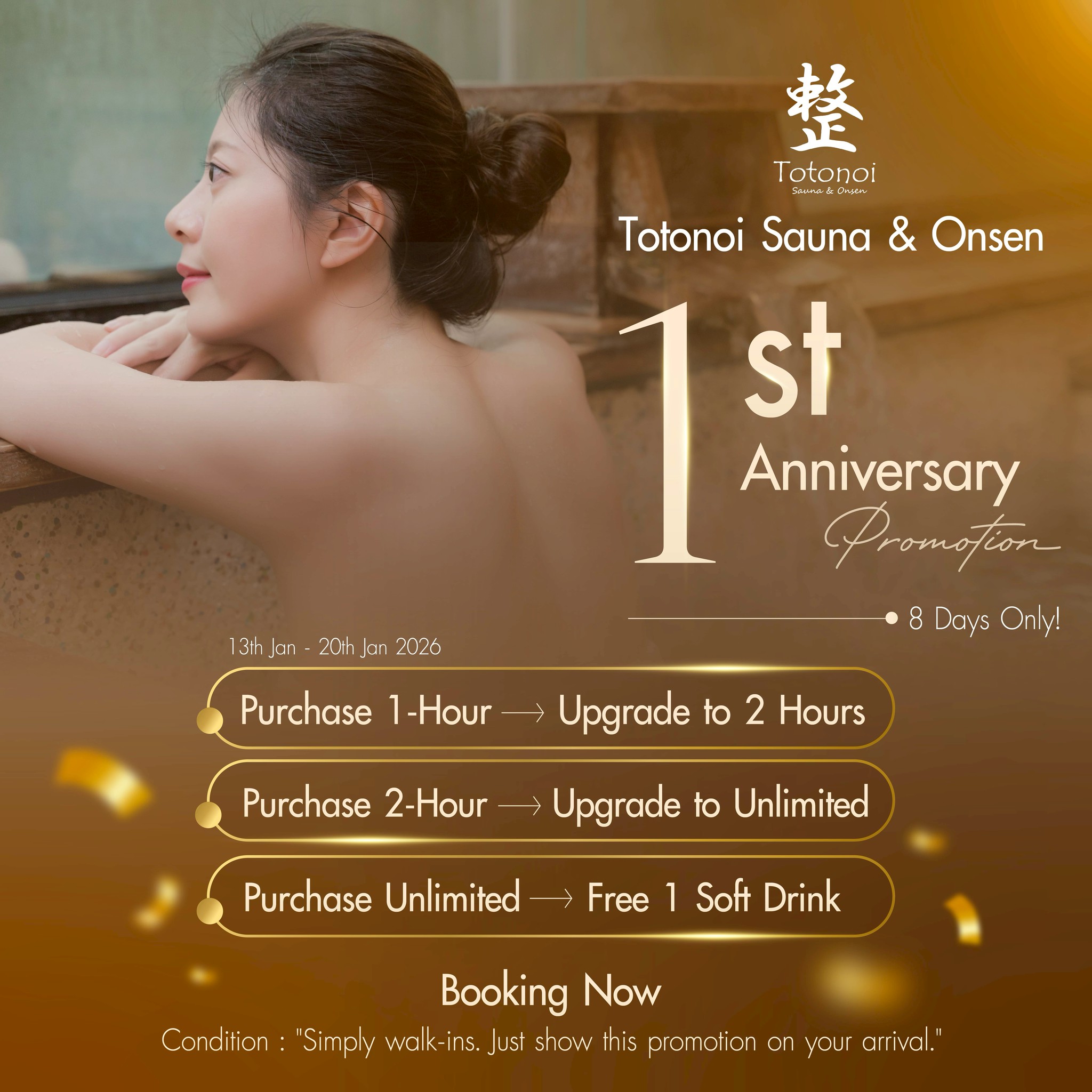 ✨🎊 Happy 1st Anniversary Totonoi Sauna & Onsen!
Enjoy our Exclusive 8-Day Anniversary Promotion ‼️

🗓️13th - 20th January 2026
💸 Buy 1 Hour → Upgrade to 2 Hours
💸 Buy 2 Hours → Upgrade to Unlimited
💸 Buy Unlimited → Free 1 Soft Drink 🍺

🧖‍♀️🍃 Are you ready⁉️ Your relaxation time begins now!
Invite your friends or loved ones — the more, the merrier‼️

🚨Booking Now🚨
Condition : "Simply walk-ins. Just show this promotion on your arrival ."

⏰ Open daily from 10:00 AM – 10:00 PM
📍 Totonoi Sauna & Onsen
☎️ 065-820-4406
📧 saunnerpro@gmail.com
🌐 totonoisauna-onsen.com
#TotonoiSauna #Sauna #BangkokWellness #SaunaBangkok
#SaunaThailand #SaunaTime #WellnessJourney #RelaxRecharge
#JapaneseSauna #SaunaLifestyle #OnsenBangkok