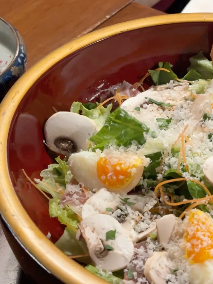 Special menu: Japanese Lettuce Caesar Salad 🥬 🥗 🍞🧀✨ cheesy sauce full with umami and silky, soft-set Ajitama eggs that pair perfectly with our savory prosciutto and fresh mushrooms.😋 #kenjislab