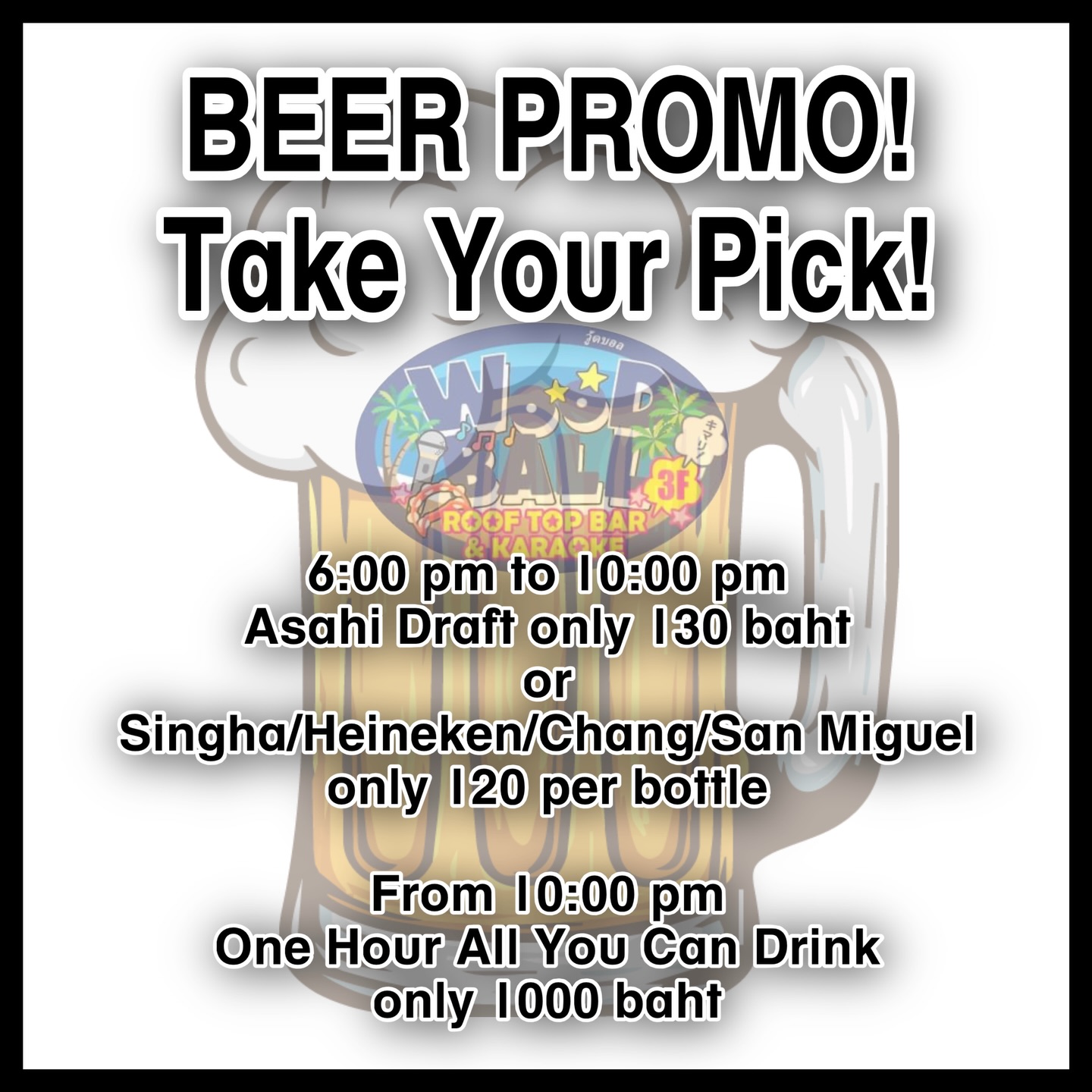 Thirsty? Well swing on by Woodball Pattaya for a nice cold beer 🍺! We have great specials and on top of that you can have fun singing karaoke! Our bar can be easily found on Walking Street. See you tonight! 😉
