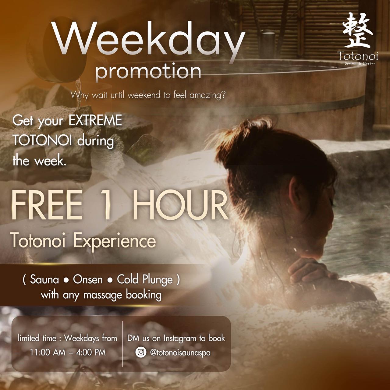 ✨🎊January Weekday Special at 
Totonoi Sauna & Onsen‼️
 
👉🏻Why wait until weekend to feel amazing❓
Get your EXTREME TOTONOI during the week. 🍃

✨ FREE 1-Hour Totonoi Experience
(Sauna🧖‍♀️ • Onsen🛁• Cold Plunge🧊) with any massage booking.

⏰limited time : Weekdays from | 11:00 AM – 4:00 PM

✨🎊โปรโมชั่นพิเศษวันธรรมดาเดือนมกราคม ที่ Totonoi Sauna & Onsen‼️

👉🏻ทำไมต้องรอถึงสุดสัปดาห์ถึงจะรู้สึกสุดยอด❓
มาสัมผัสประสบการณ์ EXTREME TOTONOI ได้ในวันธรรมดา🍃

✨ รับฟรี! ประสบการณ์ Totonoi 1 ชั่วโมง
(ซาวน่า🧖‍♀️ • ออนเซ็น🛁 • แช่น้ำเย็น🧊) เมื่อจองบริการนวดใดๆ ก็ได้

⏰ระยะเวลาจำกัด : วันธรรมดา ตั้งแต่ | 11:00 น. – 16:00 น.

📩 DM us on Instagram to book.

⏰ Open Daily from 10:00 AM – 10:00 PM
📍 Totonoi Sauna & Onsen
☎️ 065-820-4406
📧 saunnerpro@gmail.com
🌐 totonoisauna-onsen.com

#TotonoiSauna #Sauna #BangkokWellness #SaunaBangkok
#SaunaThailand #SaunaTime #WellnessJourney #RelaxRecharge
#JapaneseSauna #SaunaLifestyle #ColdPlunge