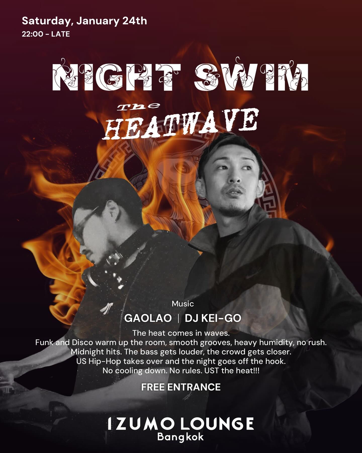 TROPICAL 🏝️ the tribe music event ×
Off The Hook 🪝 Hip-Hop event 

Two of our most popular events by @nightswim_globe unite for one night to debut an entirely new concept✨

A tropical groove sets the temperature high from early hours🌴🍹
Funk and Disco ease you into a resort state of mind🌺🕺🏽

At midnight, the wave hits💥
US Hip Hop takes control and pulls the night off the hook🎚️

Two genres. One floor.
From Tropical heat to raw Hip Hop energy!!!
It’s free to enter, don’t miss it!!

Night Swim presents THE HEATWAVE
By @gaolao38 & @djkeigo.dj 

📅 Jan 24th Saturday
⏰ 10pm - Late