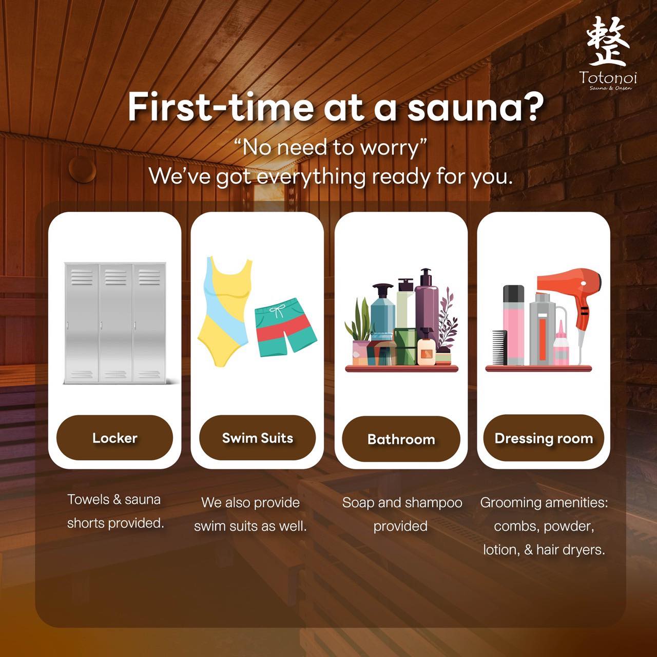 ✨🧖‍♀️🍃First-time at a sauna❓ “No need to worry” We’ve got everything ready for you.

🤎Locker 
👉🏻Towels & sauna shorts provided.

🤎Swim Suits 
👉🏻We also provide swim suits as well.

🤎Bathrooms
👉🏻 Soap and shampoo provided.

🤎 Dressing Room
👉🏻 Grooming amenities: combs,powder, lotion, & hair dryers. 

✨🧖‍♀️🍃 มาซาวน่าครั้งแรกใช่ไหม❓ “ไม่ต้องกังวลไป” เราเตรียมทุกอย่างที่จำเป็นไว้ให้คุณแล้ว‼️

🤎 ตู้ล็อกเกอร์
👉🏻 มีบริการผ้าเช็ดตัว และกางเกงสำหรับเข้าเซาว์น่า

🤎ชุดว่ายน้ำ
👉🏻มีชุดว่ายน้ำให้บริการ

🤎 ห้องน้ำ
👉🏻 มีสบู่ และแชมพูเตรียมไว้ให้พร้อม

🤎 ห้องแต่งตัว
👉🏻 ครบครันด้วยอุปกรณ์จัดแต่งทรงผม: ทั้งหวี, แป้ง, โลชั่น และไดร์เป่าผม
 

📩 DM us on Instagram to book.

⏰ Open Daily from 10:00 AM – 10:00 PM
📍 Totonoi Sauna & Onsen
☎️ 065-820-4406
📧 saunnerpro@gmail.com
🌐 totonoisauna-onsen.com

#TotonoiSauna #Sauna #BangkokWellness #SaunaBangkok
#SaunaThailand #SaunaTime #WellnessJourney #RelaxRecharge
#JapaneseSauna #saunalifestyle🔥🧖‍♀️