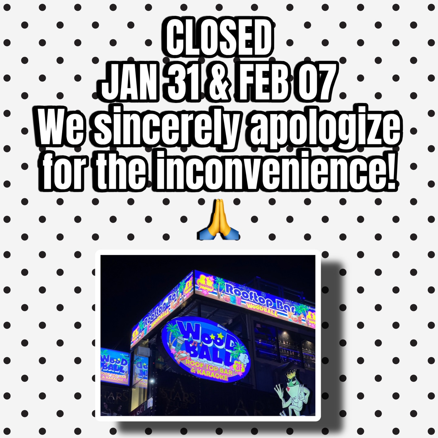 Due to local enforcement on the upcoming elections, our bar will be closed on January 31st and February 7th. We sincerely apologize for any inconvenience and appreciate your understanding. Kind regards from the entire team at Woodball Pattaya! 🫶