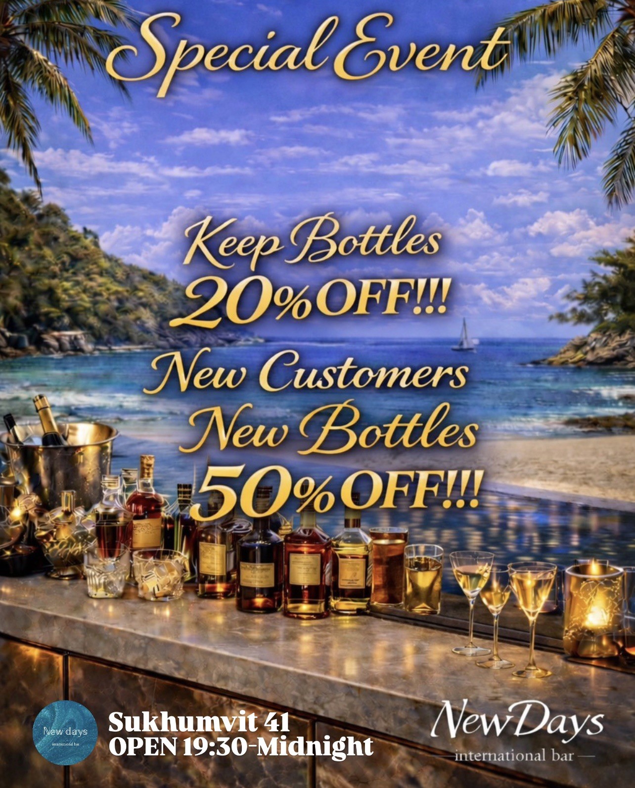今夜はボトルがお得になるスペシャルナイト🍾✨ 
ゆっくり飲みたい人にも、仲間と盛り上がりたい人にもちょうどいい夜です🌙 

🍾 ボトルプロモーション実施中 
🍺 落ち着いて飲める大人の雰囲気 
📍 Sukhumvit 41（プロンポン） 
🕢 Open 19:30 – Midnight 

スクンビット周辺で「bar near me」を探しているなら、 
今夜はNewdaysで決まり🍻 
初めてでも入りやすく、気づいたら長居しちゃうバーです😉✨ 

---

Tonight is the perfect night for bottle lovers 🍾✨ 
A great evening to relax, chat, and enjoy good drinks 🌙 

🍾 Bottle promotions available 
🍺 Easygoing and cozy bar atmosphere 
📍 Sukhumvit 41, Bangkok 
🕢 Open 7:30 PM – Midnight 

Looking for a “bar near me” around Sukhumvit? 
Newdays is the spot for a smooth, fun night out 🍻✨ 

---

คืนนี้เหมาะมากสำหรับคนที่อยากดื่มแบบชิล ๆ 🍾✨ 
บรรยากาศสบาย นั่งยาว ๆ ได้แบบไม่ต้องรีบ 🌙 

🍾 มีโปรโมชันบอตเทิล 
🍺 บาร์บรรยากาศเป็นกันเอง 
📍 สุขุมวิท 41 
🕢 เปิด 19:30 – เที่ยงคืน 

ถ้ากำลังค้นหา “bar near me” แถวสุขุมวิท 
แวะมา Newdays แล้วจะรู้สึกผ่อนคลายทันที 🍻✨ 

---

#NewdaysBangkok 
#Sukhumvit41 
#BangkokBar 
#BottleNight 
#bangkoknightlife