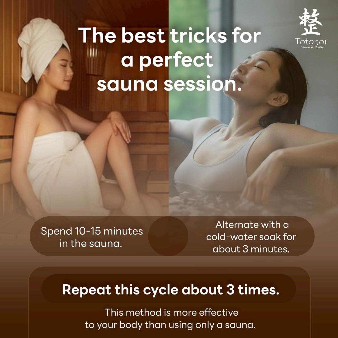 ✨☘️The best trick for getting the most out of a sauna is this‼️ 
 🧖🏻‍♀️Spend 10-15 minutes in the sauna.

🧊Alternate with a cold-water soak for about 3 minutes. 

🚨Repeat this cycle about 3 times.  This method is more effective to your body than using only a sauna.

✨☘️เคล็ดลับที่ดีที่สุดสำหรับการใช้ซาวน่าให้ได้ประโยชน์สูงสุดคือสิ่งนี้‼️
🧖🏻‍♀️ใช้เวลาในซาวน่า 10-15 นาที

🧊สลับกับการแช่น้ำเย็นประมาณ 3 นาที

🚨ทำซ้ำวงจรนี้ประมาณ 3 ครั้ง วิธีนี้มีประสิทธิภาพต่อร่างกายมากกว่าการใช้ซาวน่าเพียงอย่างเดียว
 📩 DM us on Instagram to book.

⏰ Open Daily from 10:00 AM – 10:00 PM
📍 Totonoi Sauna & Onsen
☎️ 065-820-4406
📧 saunnerpro@gmail.com
🌐 totonoisauna-onsen.com

#TotonoiSauna #Sauna #BangkokWellness #SaunaBangkok
#SaunaThailand #SaunaTime #WellnessJourney #RelaxRecharge
#JapaneseSauna #SaunaLifestyle