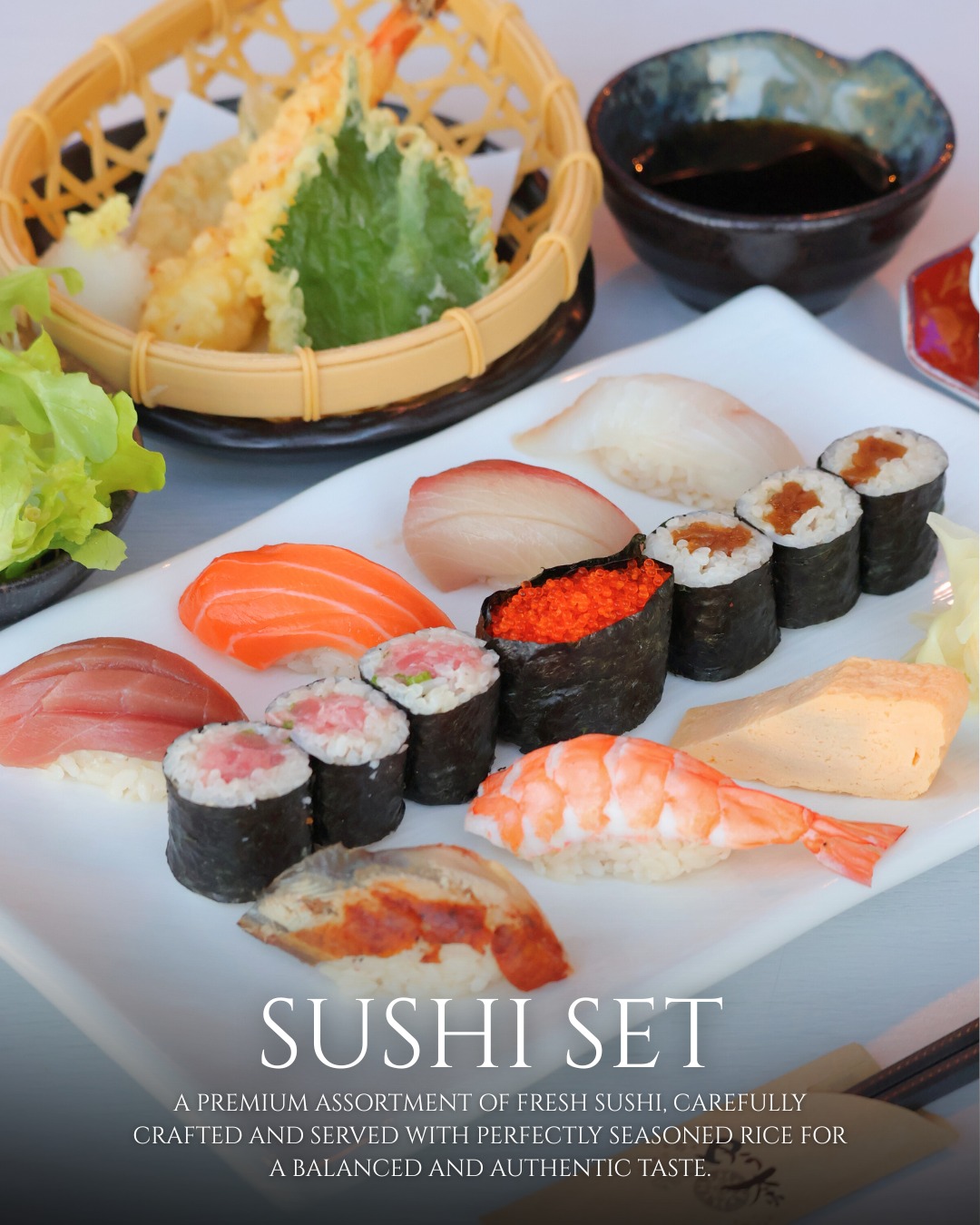 A carefully selected sushi set featuring fresh sashimi, assorted nigiri, and maki rolls.
Complete with ikura, tamago, shrimp, and traditional side dishes for an authentic Japanese dining experience.🍱🍣

ซูชิรวมคัดพิเศษ ครบทั้งซูชิและมากิ 🍣✨
รวมปลาดิบสดใหม่ อิคุระหวานมัน ไข่หวานนุ่ม และกุ้งเนื้อแน่น
เสิร์ฟเป็นเซตพร้อมเครื่องเคียงและซุป ให้คุณอิ่มอร่อยแบบญี่ปุ่นแท้ในจานเดียว 

#SushiSet #JapaneseCuisine #PremiumSushi #FreshFish #SushiTime