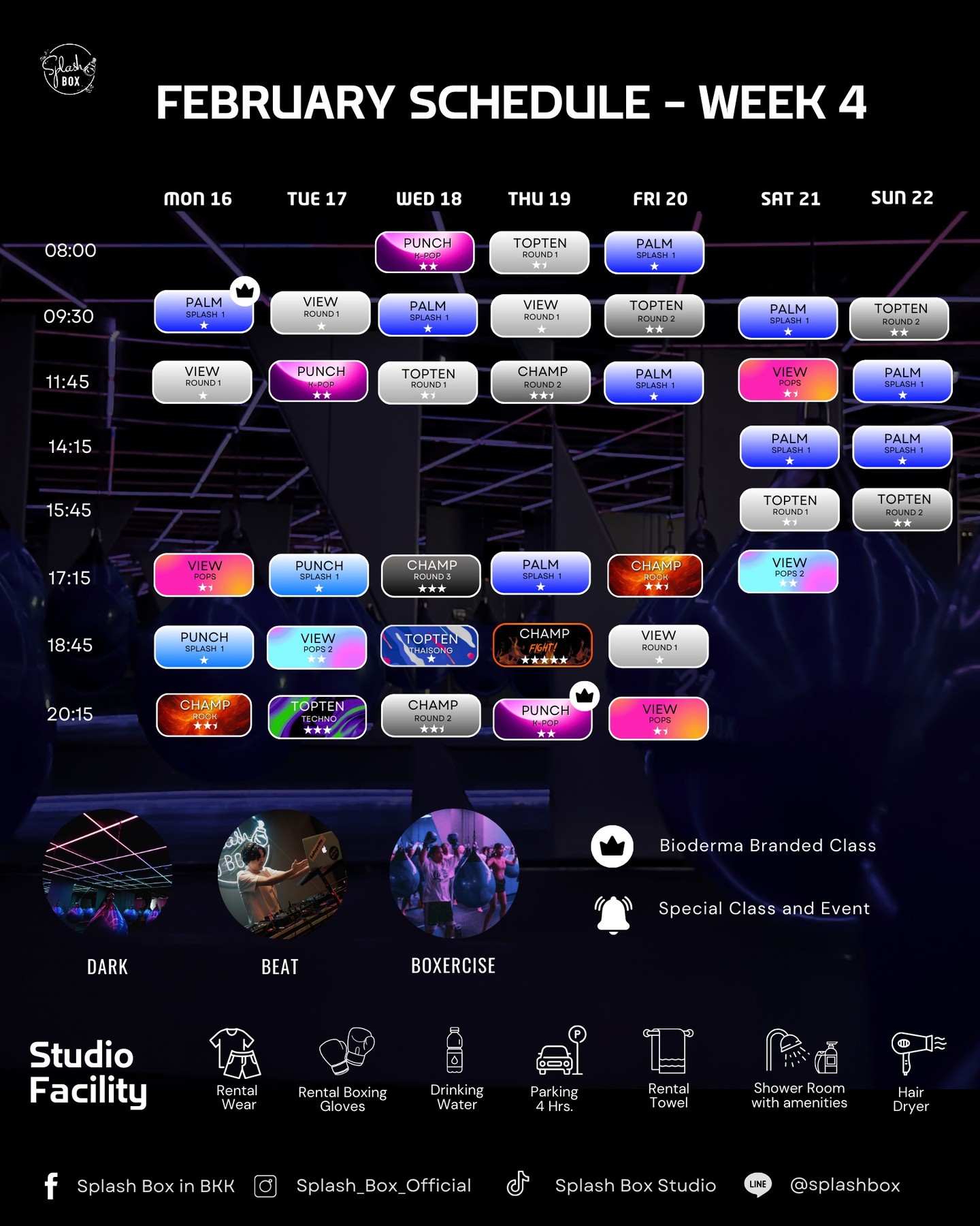 🔥 FEBRUARY​ WEEKLY CLASS SCHEDULE IS HERE! 📢 Scroll through this Album Post for everything you need to know!

SPLASH BOX STUDIO, a New Era of Boxing where your workout creates the music offering a DARK-BEAT-BOXERCISE class and a private gym.

We combine high-energy circuit training with curated shadow boxing and aqua bag boxing to the unique rhythm of EDM music.

This 45-minute workout can burn up to 500+ calories.

Book Now
👇Line Official : @ splashbox
_________________________
🥊 Splash Box Studio
📌 Marche’ Thonglor, Building A, 5M Floor
🕘 Opening hours : 9:00 to 22:00
🚿 Full Amenities Provided (Rental Sportswear, Rental Gloves, Rental Towels, Toiletries & Skincare)

#Splashbox #DarkBeatBoxercise
#ผับของคนรักสุขภาพ #ThonglorGym #PrivateGym