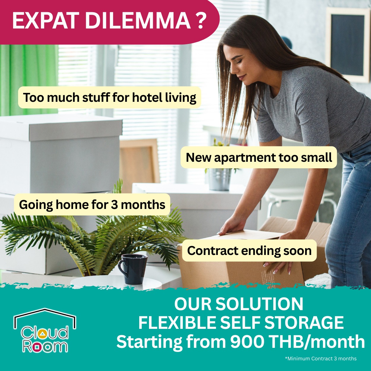 Expat life… big problems, simple solution.
Too much stuff?

 We’ve got space for that 😉

📩 Message us today to get a quote
LINE official Account : @cloudroom

#ExpatProblems #MovingHacks #BangkokExpat #StorageLife #ExpatTips #ThailandLiving #InternationalRelocation #ย้ายของ 
#cloudroomserviceforaccounting #SelfStorageServiceForYou #จัดเก็บเอกสาร #ทำพื้นที่บริษัทให้สะอาด #SelfStorage #ห้องเก็บของส่วนตัว
