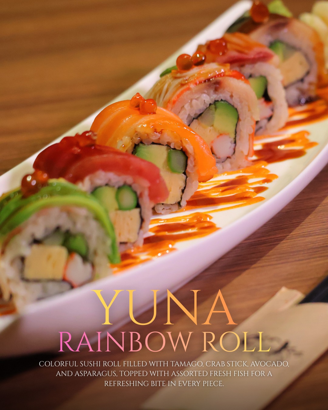 🌈 Rainbow Roll – Where color meets freshness
A premium sushi roll filled with tamago, crab stick, avocado, and asparagus,
topped with assorted fresh fish and beautifully crafted.
Smooth, refreshing, and perfectly balanced in every bite.
Make your meal extraordinary 🍣✨

โรลสุดพรีเมียม สอดไส้ไข่หวาน ปูอัด อโวคาโด และหน่อไม้ฝรั่ง
ท็อปด้วยปลาสดหลากชนิด จัดเรียงอย่างสวยงาม
รสชาติละมุน สดชื่น และลงตัวในทุกคำ

#RainbowRoll #SushiTime #JapaneseCuisine #FreshIngredients #PremiumDining