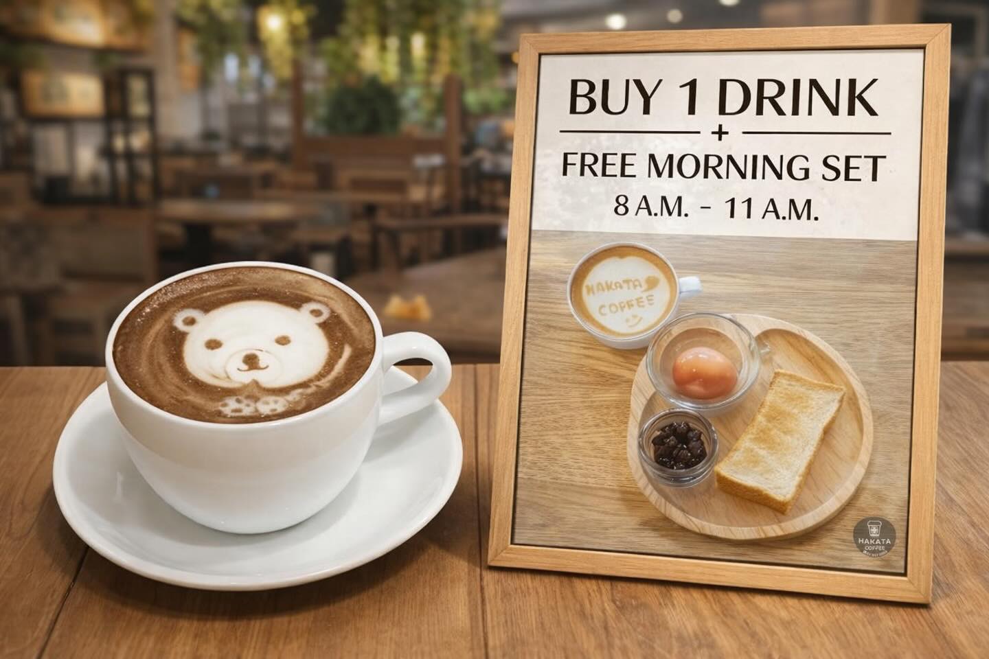 ✨Morning Set สไตล์ญี่ปุ่นเริ่มมื่อเช้าง่าย ๆ
  ที่ Hakata Coffee 

🔥ซื้อเครื่องดื่ม 1 แก้ว
🍞🍞รับฟรี Morning Set (8.00 - 11.00 น.) 

☕️☕️ในเซ็ตมี
ขนมปังปิ้งหอม ๆ
ไข่ต้มกำลังดี
& ถั่วแดงกวนหวานละมุน
อิ่มพอดี อบอุ่นแบบญี่ปุ่นแท้ ๆ

🇯🇵🇯🇵朝はコーヒーと一緒に
トースト・ゆで卵・あんこ付きのモーニングセット
ドリンク1杯で無料（8:00〜11:00）

⛳️📌📌 Hakata Coffee Bangkok
แล้วมาเริ่มต้นวันดี ๆ ไปด้วยกันนะคะ 

#. Hakatacoffee #คาเฟญี่ปุ่น #โปรโมชั่นพิเศษ #ร้านกาแฟน่านั่ง #คาเฟ่ใกล้ฉัน