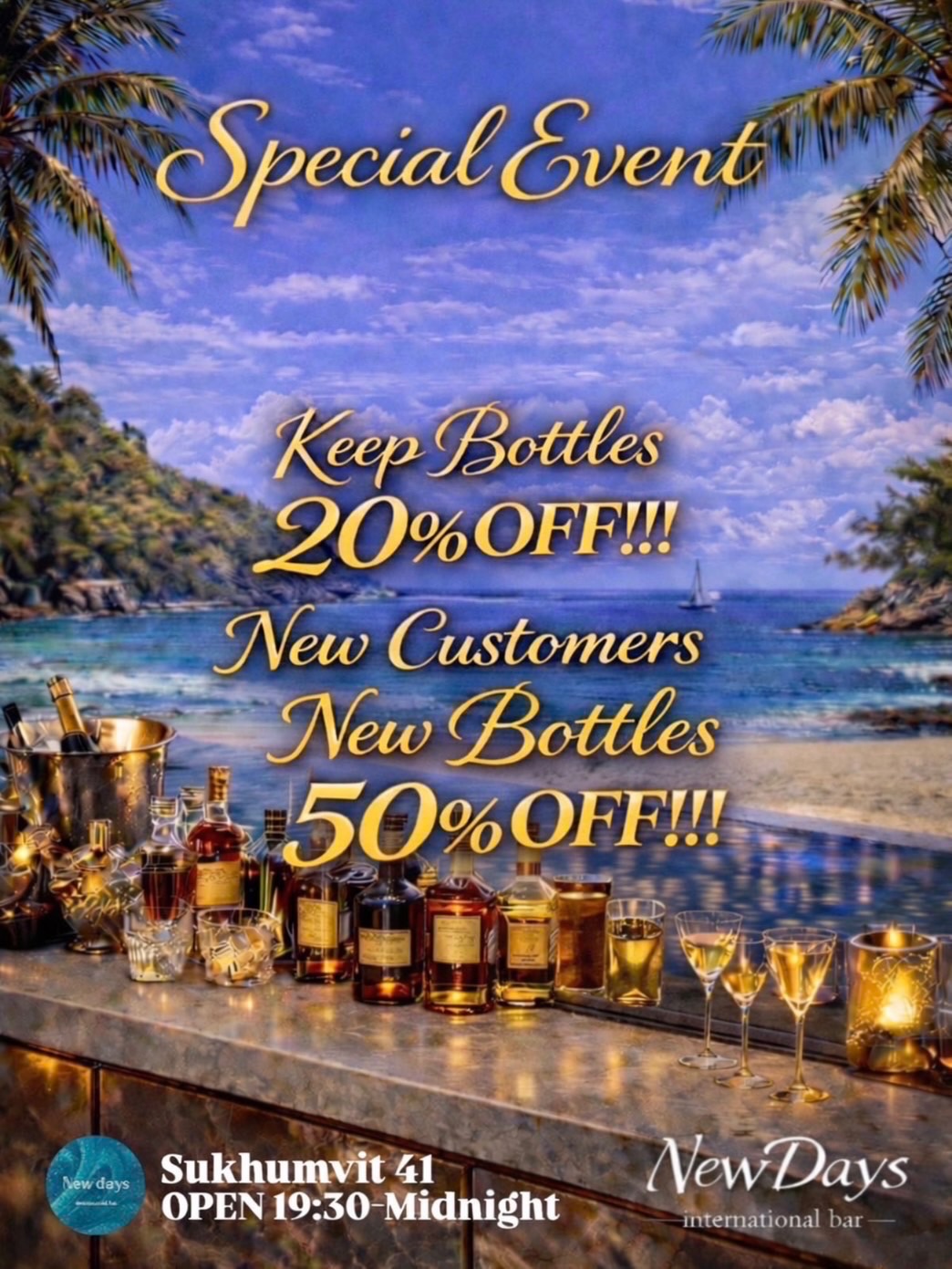 💜✨ LADIES NIGHT at Newdays ✨💜

今夜は女性限定スペシャルナイト 🥂

🍺 Beer
🍶 Shochu
🍷 Wine
🥃 Whisky

1時間 600B
ALL-YOU-CAN-DRINK

女子会にも、ちょい飲みにも。
気づけば笑ってる夜になる。

さらに…

🌴 Special Promotion 🌴

🥃 Keep Bottles
20% OFF

🥂 New Customers – New Bottles
50% OFF

南国リゾートのような空間で、
最高の一杯を。

📍 Bar Newdays
Sukhumvit 41
🕰 19:30 – Midnight

「ちょっと一杯」のつもりが
気づけば本気で楽しんでる。

今夜、Newdaysで待ってるよ。
⁡
💜✨ LADIES NIGHT at Newdays ✨💜

Tonight is all about the ladies 🥂

🍺 Beer
🍶 Shochu
🍷 Wine
🥃 Whisky

1 Hour – 600 THB
ALL YOU CAN DRINK

Perfect for girls’ night out or just a casual drink.
Before you know it, you’ll be laughing all night.

And don’t miss our special promotion 🌴✨

🥃 Keep Bottles – 20% OFF
🥂 New Customers / New Bottles – 50% OFF

Enjoy your drinks in a tropical, relaxed atmosphere
right in the heart of Sukhumvit.

📍 Bar Newdays
Sukhumvit 41
🕰 Open 19:30 – Midnight

What starts as “just one drink”
might turn into the best night of your week.

See you tonight at Newdays⁡
⁡
#Newdays
#BarNewdays
#Sukhumvit41
#PhromPhong