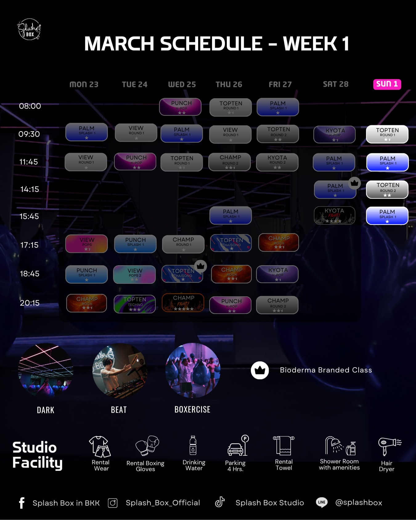 🔥 MARCH 2026 WEEKLY SCHEDULE IS HERE! 

📢 Scroll through this Album Post for everything you need to know!

SPLASH BOX STUDIO, a New Era of Boxing where your workout creates the music offering a DARK-BEAT-BOXERCISE class and a private gym.

We combine high-energy circuit training with curated shadow boxing and aqua bag boxing to the unique rhythm of EDM music.

This 45-minute workout can burn up to 500+ calories.

Book Now
👇Line Official : @ splashbox
_________________________
🥊 Splash Box Studio
📌 Marche’ Thonglor, Building A, 5M Floor
🕘 Opening hours : 9:00 to 22:00
🚿 Full Amenities Provided (Rental Sportswear, Rental Gloves, Rental Towels, Toiletries & Skincare)

#Splashbox #DarkBeatBoxercise
#ผับของคนรักสุขภาพ #ThonglorGym #PrivateGym