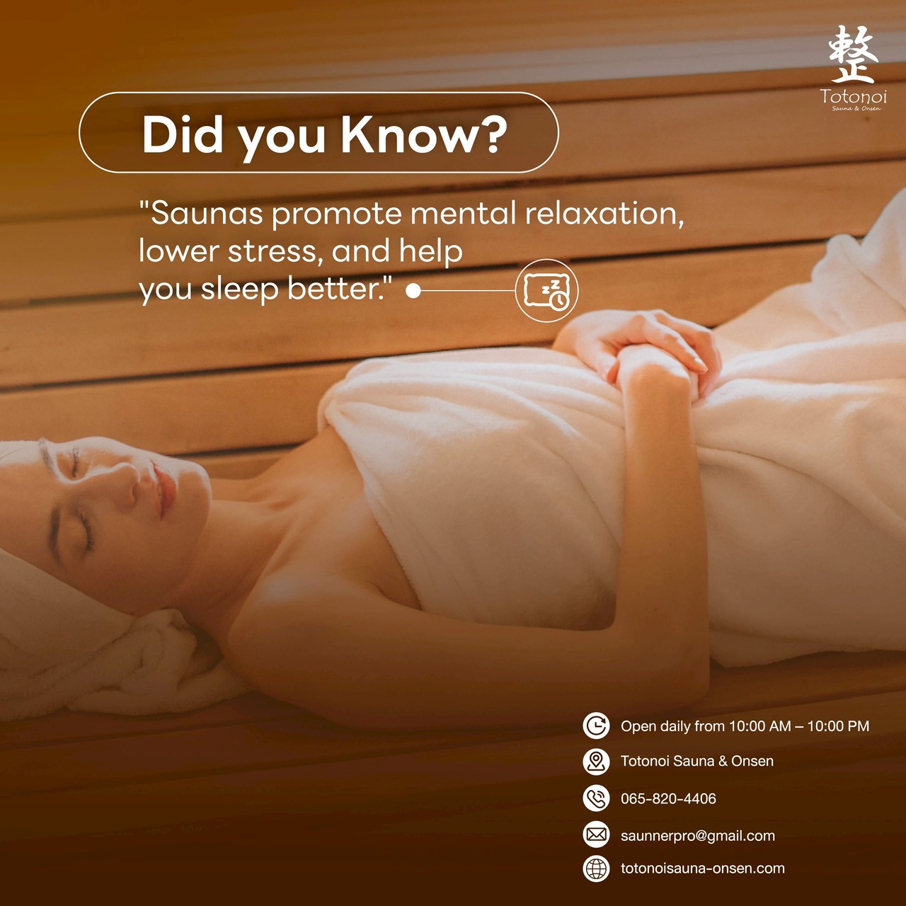 ✨🍃🌈Sauna is good for the body and even better for the mind 

🧖🏻‍♀️It help melt away stress and clear your brain for a much deeper sleep💤

✨🍃🌈การซาวน่า นอกจากจะช่วยผ่อนคลายด้านร่างกายแล้วนั้น ยังช่วยผ่อนคลายด้านจิตใจอีกด้วย 

🧖🏻‍♀️เพราะการซาวน่าจะช่วยให้ผ่อนคลายจากความเครียดที่สะสม ช่วยให้สมองโล่งปลอดโปร่ง และส่งผลให้นอนหลับง่ายขึ้น💤

📥DM us on Instagram to book.

⏰ Open Daily from 10:00 AM – 10:00 PM
📍 Totonoi Sauna & Onsen
☎️ 065-820-4406
📧 saunnerpro@gmail.com
🌐 totonoisauna-onsen.com

#TotonoiSauna #Sauna #BangkokWellness #SaunaBangkok
#SaunaThailand #SaunaTime #WellnessJourney #RelaxRecharge
#JapaneseSauna #SaunaLifestyle #STEAMSAUNA #AUFGUSSSAUNA