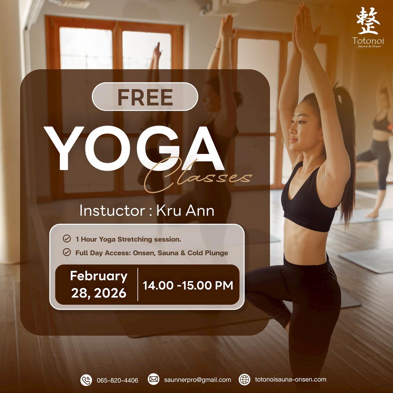 ✨🧘🏻‍♀️🍃Join our yoga session for free with kru Ann- when purchase one day pass ticket.🪪

🌈Reset your body and soul this Saturday. One hour of yoga session will be all for feeling refreshed. Looking forward to see you.

🗓️ SATURDAY 28,2026 | ⏰14:00- 15:00 PM.

What customers will receive:

✅1 Hour Yoga Stretching session.
✅Full Day Access: Onsen, Sauna & Cold Plunge

Limited spots available‼️ Please DM to reserve your seat.📥

✨มาเข้าร่วม Yoga กันกับครูแอน – แพ็กเกจพิเศษสำหรับลูกค้าที่ซื้อบัตร One Day Pass Ticket เท่านั้น‼️

🌈มา “รีเซ็ตร่าง รีเซ็ตใจ” วันเสาร์นี้ด้วยกันนะคะ แค่ 1 ชั่วโมงกับโยคะที่จะช่วยเติมความสดชื่นให้คุณอย่างเต็มที่ ไม่ต้องเตรียมอะไรมาก แค่พาตัวเองมา แล้วพบกันนะคะ❗️

🗓️วันเสาร์ 28 กุมภาพันธ์ 2569 |⏰ 14.00-15.00 น.

สิ่งที่ลูกค้าจะได้รับ:

✅โยคะยืดเส้นยืดสาย 1 ชั่วโมง
✅สิทธิ์เข้าซาวน่า ออนเซ็น แช่น้ำเย็นได้ทั้งวัน

👉🏻รับจำนวนจำกัด‼️กรุณา DM เพื่อสำรองที่นั่ง📥‼️ ที่ Totonoi Sauna&Onsen 

⏰ Open Daily from 10:00 AM – 10:00 PM
📍 Totonoi Sauna & Onsen
☎️ 065-820-4406
📧 saunnerpro@gmail.com
🌐 totonoisauna-onsen.com

#TotonoiSauna #Sauna #BangkokWellness #SaunaBangkok
#SaunaThailand #SaunaTime #WellnessJourney #RelaxRecharge
#JapaneseSauna #SaunaLifestyle #yogavibes