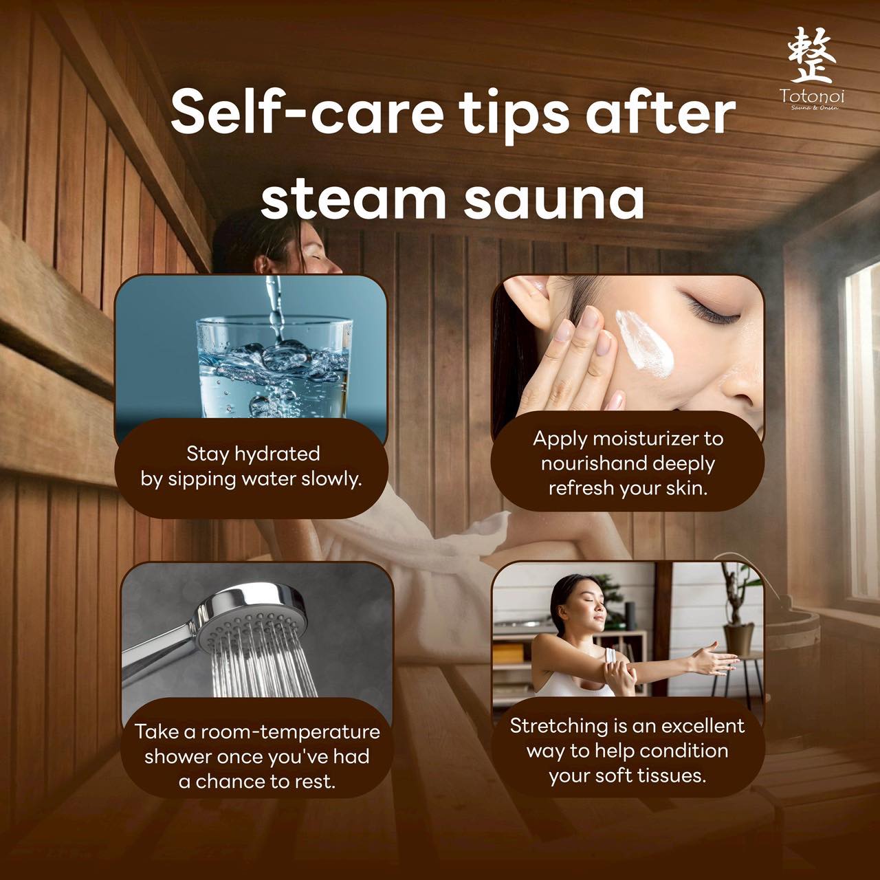 ✨🪵🧘🏻‍♀️Self-care tips after steam sauna

🤎 Stay hydrated by sipping water slowly.

🤎 Apply moisturizer to nourish and deeply refresh your skin.

🤎 Take a room-temperature shower once you've had a chance to rest.

🤎 Stretching is an excellent way to help condition your soft tissues.

Following this simple step will give you even better results!✨Come and experience the perfect steam at Totonoi Sauna &  Onsen. 🧖🏻‍♀️♨️🌿

✨🪵🧘🏻‍♀️เคล็ดลับการดูแลตัวเองหลังอบไอน้ำซาวน่า

🤎 ดื่มน้ำช้าๆ เพื่อให้ร่างกายชุ่มชื้น

🤎 ทาครีมบำรุงผิวเพื่อบำรุงและฟื้นฟูผิวอย่างล้ำลึก

🤎 อาบน้ำอุณหภูมิห้องหลังจากพักผ่อนแล้ว

🤎 การยืดกล้ามเนื้อเป็นวิธีที่ดีเยี่ยมในการช่วยปรับสภาพเนื้อเยื่ออ่อน

การทำตามขั้นตอนง่ายๆ นี้จะช่วยให้คุณได้ผลลัพธ์ที่ดียิ่งขึ้น!✨มาสัมผัสประสบการณ์อบไอน้ำที่สมบูรณ์แบบได้ที่ Totonoi Sauna & Onsen 🧖🏻‍♀️♨️🌿

⏰ Open Daily from 10:00 AM – 10:00 PM
📍 Totonoi Sauna & Onsen
☎️ 065-820-4406
📧 saunnerpro@gmail.com
🌐 totonoisauna-onsen.com

#TotonoiSauna #Sauna #BangkokWellness #SaunaBangkok
#SaunaThailand #SaunaTime #WellnessJourney #RelaxRecharge
#JapaneseSauna #SaunaLifestyle #Steamsauna