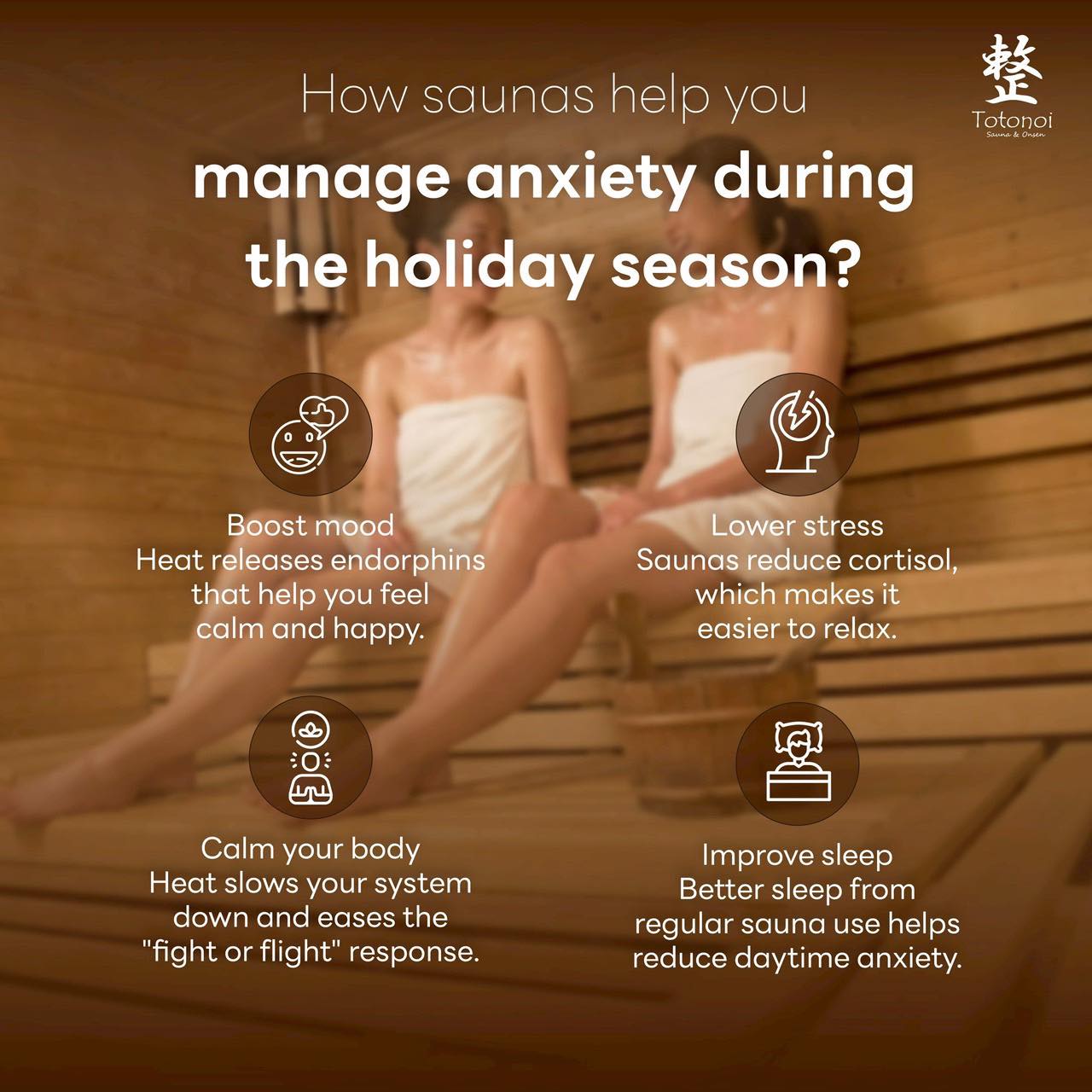 ✨🎁Leave the holiday chaos behind and find your zen in our sauna. 🌿 Let the gentle warmth melt away your stress and quiet your mind. Because peace is the best gift you can give yourself. 🧖‍♀️

🤎Boost mood: Heat releases endorphins that help you feel calm and happy.
🤎Lower stress: Saunas reduce cortisol, which makes it easier to relax.
🤎Calm your body: Heat slows your system down and eases the "fight
or flight" response.
🤎Improve sleep: Better sleep from
regular sauna use helps reduce daytime anxiety.

✨🎁ทิ้งความวุ่นวายในช่วงวันหยุดไว้เบื้องหลัง แล้วมาค้นพบความสงบในห้องซาวน่าของเรา 🌿 ปล่อยให้ความอบอุ่นอ่อนโยนช่วยคลายความเครียดและทำให้จิตใจสงบ เพราะความสงบคือของขวัญที่ดีที่สุดที่คุณมอบให้ตัวเองได้ 🧖‍♀️

🤎ทำให้อารมณ์ดี: ความร้อนช่วยปล่อยสารเอ็นโดรฟินที่ช่วยให้คุณรู้สึกสงบและมีความสุข
🤎ลดความเครียด: ห้องซาวน่าช่วยลดระดับคอร์ติซอล ทำให้ผ่อนคลายได้ง่ายขึ้น
🤎ทำให้ร่างกายสงบ: ความร้อนช่วยชะลอระบบต่างๆ ในร่างกายและลดปฏิกิริยา "สู้หรือหนี"
🤎ปรับปรุงคุณภาพการนอนหลับ: การนอนหลับที่ดีขึ้นจากการใช้ซาวน่าเป็นประจำจะช่วยลดความวิตกกังวลในเวลากลางวัน

⏰ Open Daily from 10:00 AM – 10:00 PM
📍 Totonoi Sauna & Onsen
☎️ 065-820-4406
📧 saunnerpro@gmail.com
🌐 totonoisauna-onsen.com

#TotonoiSauna #Sauna #BangkokWellness #SaunaBangkok
#SaunaThailand #SaunaTime #WellnessJourney #RelaxRecharge
#JapaneseSauna #SaunaLifestyle #Steamsauna