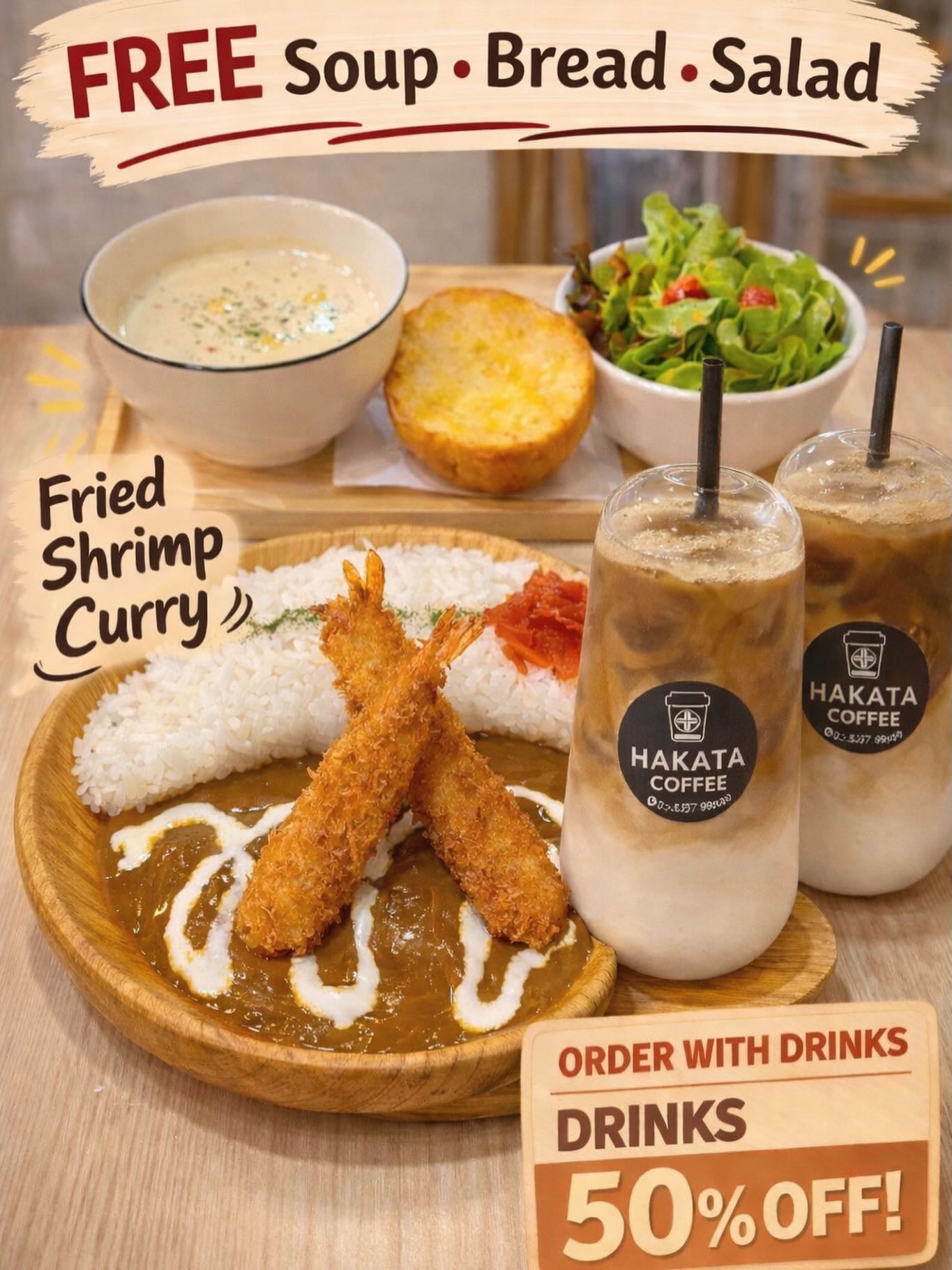 🦐Fried Shrimp Curry หอมๆ เสิร์ฟร้อนๆ
อิ่มคุ้มในเซ็ตเดียว🍛

ฟรี!🫕 ซุป 
ฟรี!🥗 สลัด
ฟรี!🍞ขนมปัง

และเมื่อ สั่งคู่กับเครื่องดื่ม
รับส่วนลด DRINKS 50% OFF!
อร่อยครบ จบในมื้อเดียวที่

📌Hakata Coffee
いただきます！
# #cafebangkhae #คาเฟ่ญี่ปุ่น#
#โปรเครื่องดื่มลด50
