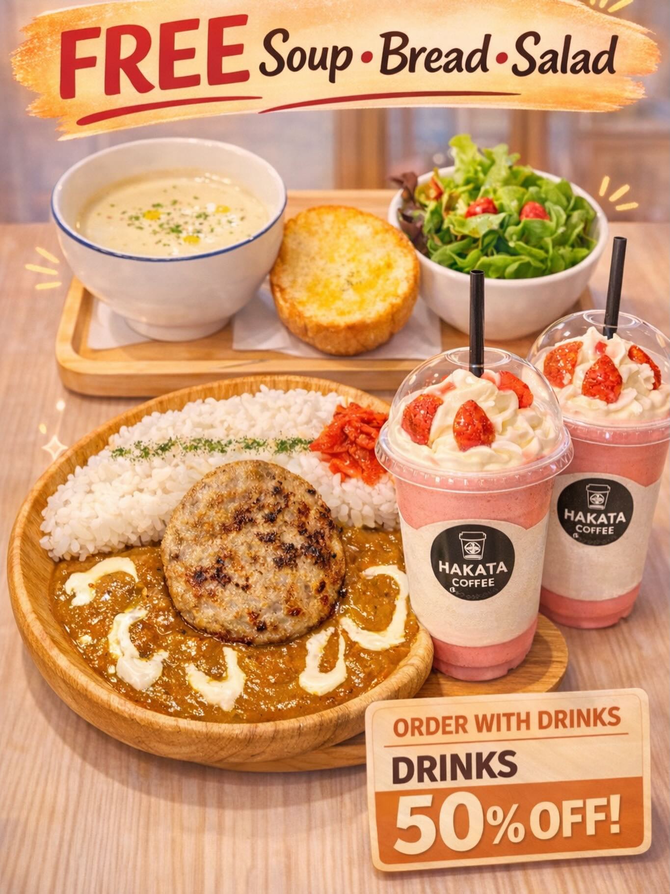 🍛Hamburg Curry - เมนูพิเศษของวัน

แกงกะหรี่ญี่ปุ่นเข้มข้น หอมเครื่องเทศทานคู่กับ แฮมเบิร์กชิ้นใหญ่ ฉ่ำ นุ่ม เต็มคำ
ราดซอสครีมเล็กน้อย เพิ่มความกลมกล่อม
แบบญี่ปุ่นแท้

อิ่มอร่อยแบบเซ็ต
✨ฟรี Soup • Bread • Salad

และเมื่อสั่งคู่กับเครื่องดื่ม
รับส่วนลดเครื่องดื่ม 50% ทันที!
อร่อย คุ้ม ครบในจานเดียว 🥤

 📌 ที่ Hakata Coffee
##HakataCoffee #HamburgCurry #JapaneseCurry #JapaneseFood
BangkokCafe แกงกะหรี่ญี่ปุ่น โปรสุดคุ้ม