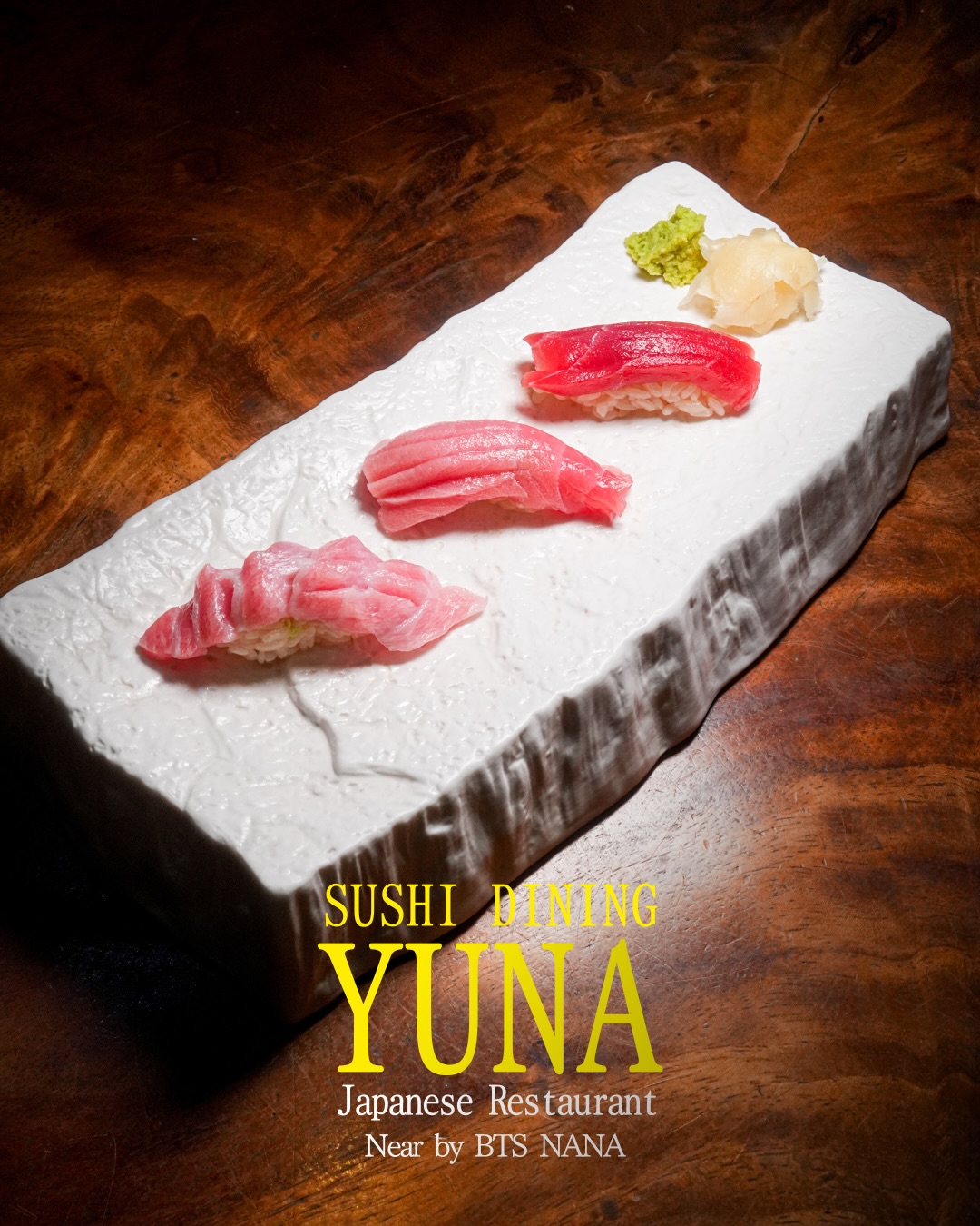 Three Cuts of Tuna Sushi
Otoro, Chutoro, and Akami.
Experience the different textures and richness of premium tuna in three perfect bites.

⸻
ซูชิทูน่า 3 ระดับ
โอโทโร่ ชูโทโร่ และอะคามิ
สัมผัสรสชาติและเนื้อสัมผัสที่แตกต่างของทูน่าระดับพรีเมียมใน 3 คำพอดี

@yunajapaneserestaurant 
📍 Near BTS Nana
　 Sukhumvit 11/1 Alley
📞 Tel: 02-067-2602
⏰ 11:00–01:00

For reservations, please call or DM us.