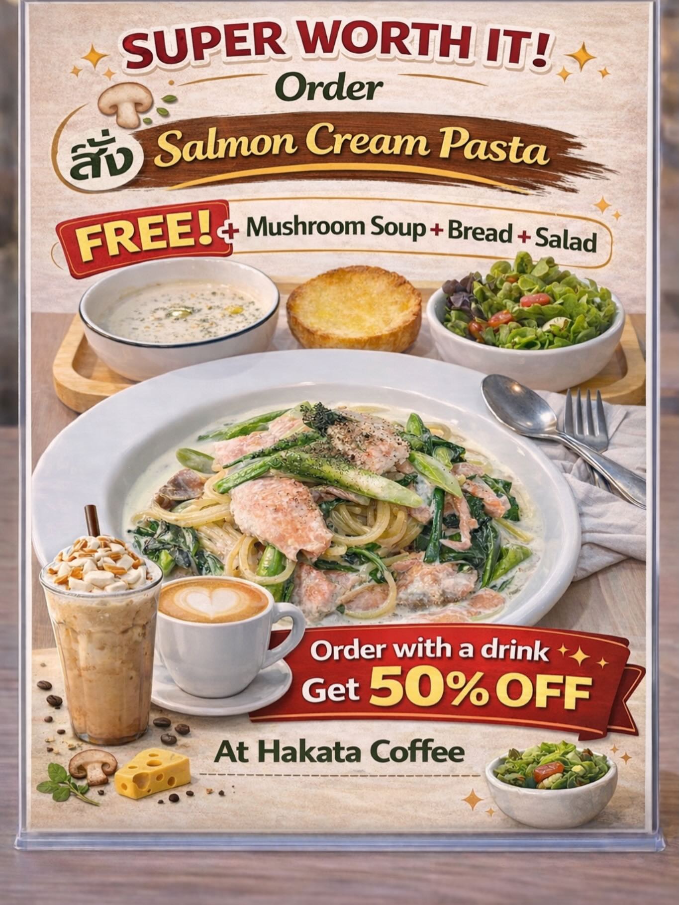 ✨✨SUPER WORTH IT!
🍣Salmon Cream Pasta

🔥แซลมอนเข้มข้น น่าทานสุดๆ
สั่ง 1 จาน รับฟรี
🍄 ซุปเห็ด
🍞 ขนมปัง
🥗 สลัด
🍝พาสต้าครีม เข้มข้น แซลม่อนชิ้นใหญ่ๆ และพิเศษ!
สั่งคู่เครื่องดื่ม ลด 50%🥤
🇯🇵
とてもお得です！
サーモンクリームパスタをご注文で
マッシュルームスープ
パン
サラダ
無料サービス！
さらにドリンクと一緒に注文するとドリンク50%OFF！🥤
📌Hakata Coffee
#SalmonCreamPasta #HakataCoffee #$
得メニュー#カフェーンチ