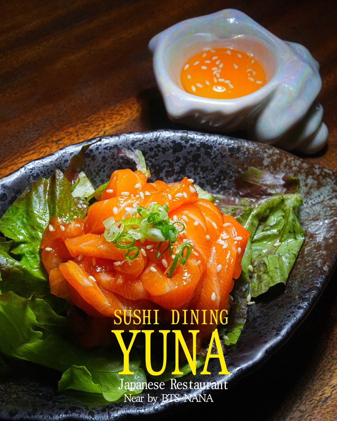 Melt-in-your-mouth indulgence.

Fresh premium salmon,
tossed in our rich signature sauce
and finished with a silky egg yolk.

A perfect balance of flavor in every bite.

⸻

🇹🇭 Thai Caption
ซาลมอนยูคเกะสุดพรีเมียม
เนื้อซาลมอนสดนุ่มละลายในปาก
คลุกเคล้ากับซอสสูตรพิเศษและไข่แดงเข้มข้น

อร่อยลงตัวในทุกคำ
 
#yuna_bkk