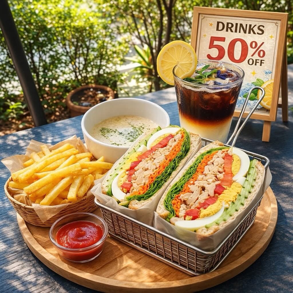 🥪 Chicken Sandwich แน่นๆ เต็มคำ!
อกไก่นุ่มๆ ไข่ต้ม ผักสดกรอบ เสิร์ฟพร้อมเฟ
รนช์ฟรายส์และซุปหอมๆ
สั่งคู่กับเครื่องดื่ม ลดทันที 50%🥤🥂

おいしいチキンサンドイッチやわらかいチキンと新鮮な野菜たっぷり！
ドリンクと一緒に注文すると、ドリンク
50% OFF!🍹

อร่อย คุ้ม ครบจบในเซ็ตเดียว
วันนี้แวะมาชิมกันนะคะ✨🥰
#คาเฟ่เปิดใหม่  # โปรสุดคุ้ม # โปร50%