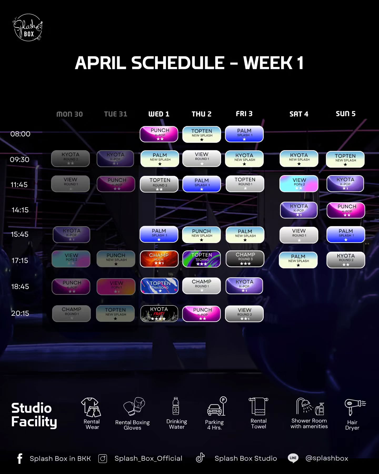 🔥 April 2026 WEEKLY SCHEDULE IS HERE! 

📢 Scroll through this Album Post for everything you need to know!

SPLASH BOX STUDIO, a New Era of Boxing where your workout creates the music offering a DARK-BEAT-BOXERCISE class and a private gym.

We combine high-energy circuit training with curated shadow boxing and aqua bag boxing to the unique rhythm of EDM music.

This 45-minute workout can burn up to 500+ calories.

Book Now
👇Line Official : @ splashbox
_________________________
🥊 Splash Box Studio
📌 Marche’ Thonglor, Building A, 5M Floor
🕘 Opening hours : 9:00 to 22:00
🚿 Full Amenities Provided (Rental Sportswear, Rental Gloves, Rental Towels, Toiletries & Skincare)

#Splashbox #DarkBeatBoxercise
#ผับของคนรักสุขภาพ #ThonglorGym #privategym