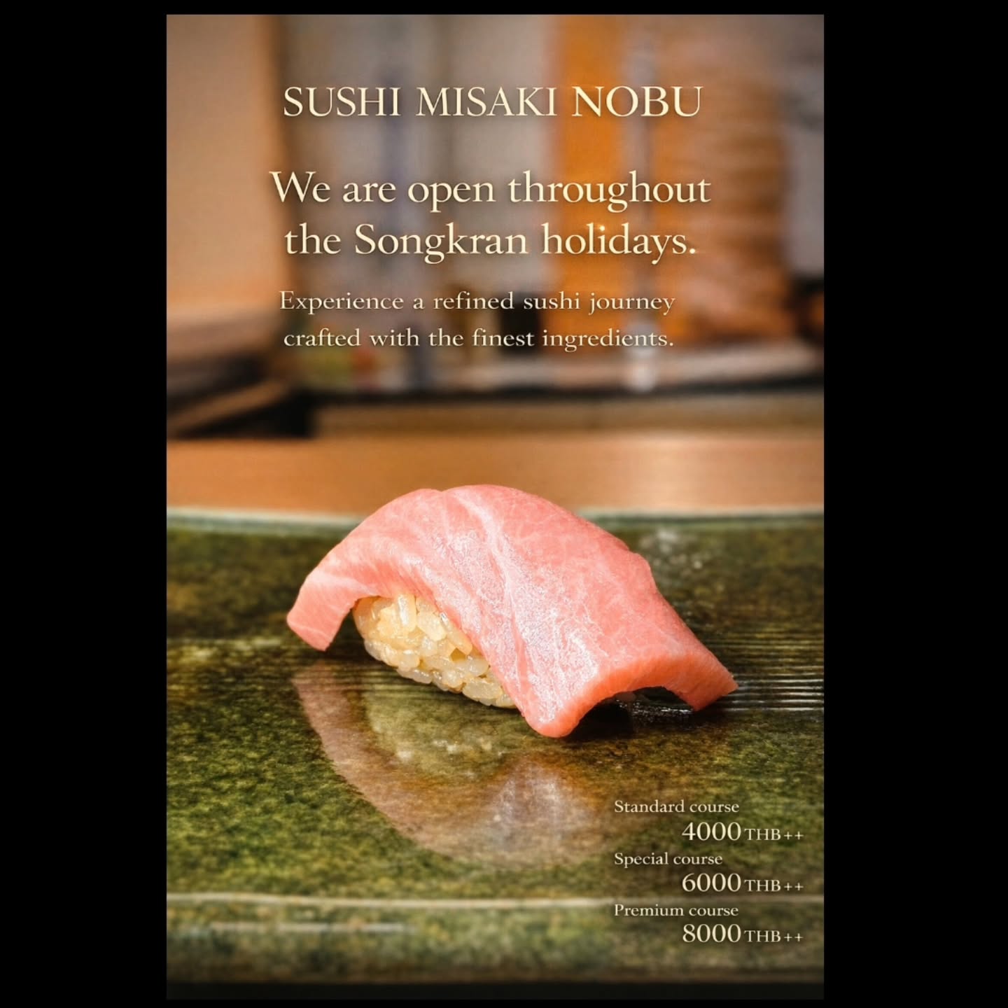 【We will be open throughout the Songkran holidays】
▷▶︎▷LINE→@sushimisakinobu▶▷

さて4月に突入いたしました！
鮨みさき伸では
ソンクラン期間中は
【通常どおり営業】でございます！

定休日の月曜日以外は元気に営業しておりますので
このお休みの期間中にも是非とも
ご来店くださいませ!!

なお
貸切やケータリング、
月曜日の営業にもご対応させていただきますので
お気軽にご連絡くださいませ！

Location: 
50 GMM Grammy PLACE, Sukhumvit 21 Rd. (Asoke), Khlongtoeinuea,Wattana, Bangkok 10110, Thailand

Sushi Misaki Nobu (GMM grammy place BF1)
chef 【NOBU】

Reservation: 
Sushi Misaki Nobu/062-495-2386

Dine-in time: 
12:00-lunch time open
17:00-dinner time open
※anytime customer choose reservation time
close 22:00
close every Monday

menu:
1.standard course 4000THB
2.special course 6000THB
3.Premium course 8000THB

#sushimisaki
#sushimisakinobu
#鮨みさき
#鮨みさき伸
#バンコク
おまかせ
Bangkok
omakase
sushi
鮨
寿司
タイ
Thailand
デート
接待