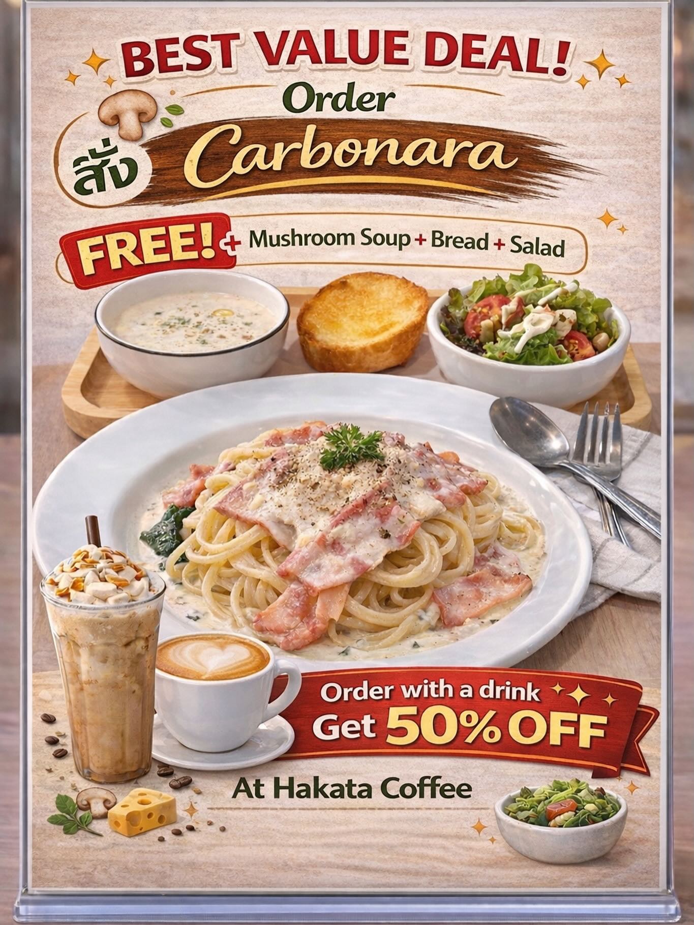 โปรสุดคุ้มมาแล้ววว
สายพาสต้าไม่ควรพลาด! Carbonara เข้มข้น
หอมมัน อร่อยเต็มคำ✨✨

สั่งวันนี้ รับฟรี!
🫕ซุปเห็ด +🥐ขนมปัง +🥗สลัด

และพิเศษสุด
สั่งคู่เครื่องดื่ม ลดทันที 50%🥤✨

อิ่มครบ จบในเซ็ตเดียว แบบนี้ต้องจัดแล้ว!
📌📌ที่ Hakata Coffee🇯🇵

#โปรสุดคุ้ม #Carbonara #สายพาสต้า #ของ
อร่อยบอกต่อ #HakataCoffee