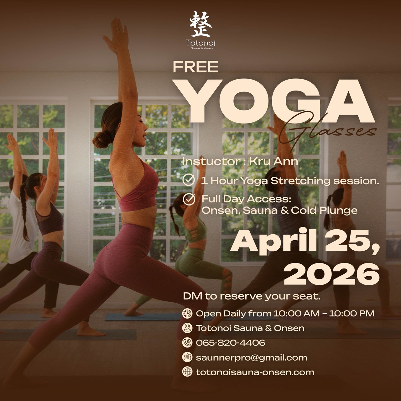 ✨🌈🍃Feeling exhausted after a long work week❓Give yourself the gift of relaxation and restore your inner balance through yoga. 🧘🏻‍♀️

🔥Special Offer❗️Purchase a One Day Pass today and receive complimentary access to our yoga session with Kru Ann. 

🗓️ April 25 ,2026 
⏰14:00- 15:00 PM.

What customers will receive:

✅1 Hour Yoga Stretching session.
✅Full Day Access: Onsen, Sauna & Cold Plunge

Come stretch your muscles, release stress, and practice deep breathing for holistic health—from the inside out at #Totonoi Sauna & Onsen.🤎

✨🌈🍃รู้สึกเหนื่อยล้าหลังจากทำงานหนักมาทั้งสัปดาห์อยู่ใช่ไหม❓ให้รางวัลตัวเองด้วยการพักผ่อนและฟื้นฟูสมดุลจากภายในด้วยการฝึกโยคะ🧘🏻‍♀️

🔥ข้อเสนอสุดพิเศษ❗️เพียงซื้อบัตรเข้าใช้บริการรายวัน (One Day Pass) วันนี้รับสิทธิ์เข้าคลาสโยคะกับครูแอนฟรี!

🗓️ วันเสาร์ที่ 25 เมษายน 2569 
⏰ 14:00 - 15:00 น.

สิ่งที่ลูกค้าจะได้รับ:
✅โยคะยืดเส้นยืดสาย 1 ชั่วโมง
✅สิทธิ์เข้าซาวน่า ออนเซ็น แช่น้ำเย็นได้ทั้งวัน

แวะมายืดเหยียดกล้ามเนื้อ ปลดปล่อยความเครียด และฝึกการหายใจลึกๆ เพื่อสุขภาพที่ดีแบบองค์รวมจากภายในสู่ภายนอก ได้ที่ #Totonoi Sauna & Onsen 🤎

📥DM us on Instagram to book.

⏰ เปิดให้บริการ: 10.00 น. - 22.00 น.
📍 Totonoi Sauna & Onsen
☎️ 065-820-4406
📧 saunnerpro@gmail.com
🌐 totonoisauna-onsen.com

#TotonoiSauna #Sauna #BangkokWellness #SaunaBangkok
#SaunaThailand #SaunaTime #WellnessJourney #RelaxRecharge
#JapaneseSauna #SaunaLifestyle #YOGA