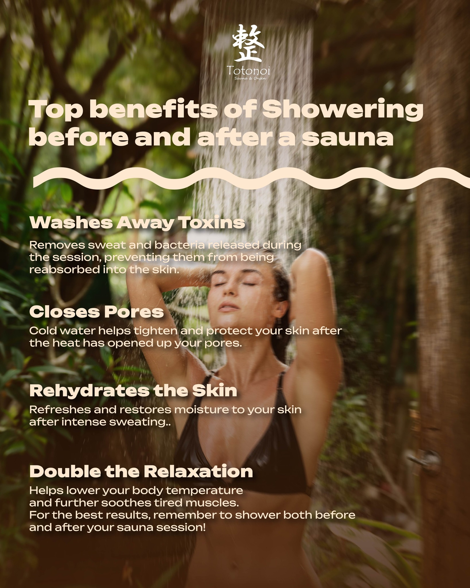 ✨🚿Showering before and after a sauna is more important than you think❗️
Enhance your relaxation and boost your body's benefits at Totonoi Sauna & Onsen. 🍃

🤎Washes Away Toxins: Removes sweat and bacteria released during the session, preventing them from being reabsorbed into the skin.

🤎Closes Pores: Cold water helps tighten and protect your skin after the heat has opened up your pores.

🤎Rehydrates the Skin: Refreshes and restores moisture to your skin after intense sweating.

🤎Double the Relaxation: Helps lower your body temperature and further soothes tired muscles.
 ✨🚿การอาบน้ำก่อนและหลังเข้าซาวน่า สำคัญกว่าที่คุณคิด❗️
เพิ่มความผ่อนคล้ายและประโยชน์ต่อร่างกายของคุณที่ Totonoi Sauna & Onsen🍃

🤎ชำระล้างสารพิษ: ขจัดเหงื่อและแบคทีเรียที่ขับออกมาในระหว่างการเข้าซาวน่า ป้องกันไม่ให้สิ่งเหล่านี้ซึมกลับเข้าสู่ผิว

🤎กระชับรูขุมขน: น้ำเย็นช่วยกระชับและปกป้องผิวของคุณ หลังจากที่ความร้อนได้เปิดรูขุมขนให้กว้างขึ้น

🤎เติมความชุ่มชื้นให้ผิว: คืนความสดชื่นและฟื้นฟูความชุ่มชื้นให้กับผิวของคุณหลังจากการเสียเหงื่ออย่างหนัก

🤎ผ่อนคลายแบบคูณสอง: ช่วยลดอุณหภูมิในร่างกาย และช่วยปลอบประโลมกล้ามเนื้อที่เหนื่อยล้าให้ผ่อนคลายยิ่งขึ้น

📥DM us on Instagram to book.

⏰ เปิดให้บริการ: 10.00 น. - 22.00 น.
📍 Totonoi Sauna & Onsen
☎️ 065-820-4406
📧 saunnerpro@gmail.com
🌐 totonoisauna-onsen.com

#TotonoiSauna #Sauna #BangkokWellness #SaunaBangkok
#SaunaThailand #SaunaTime #WellnessJourney #RelaxRecharge
#JapaneseSauna #SaunaLifestyle #YOGA