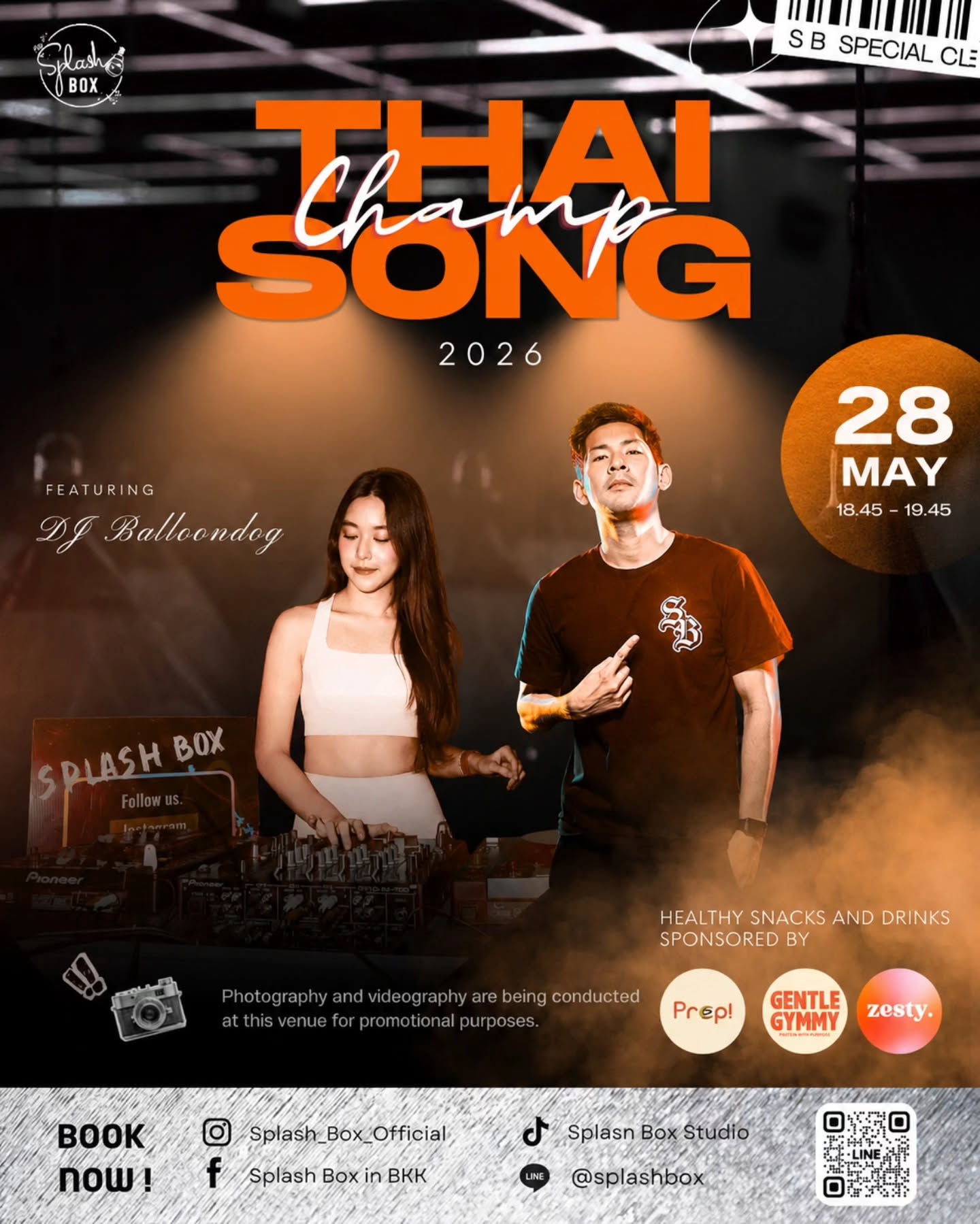 Champ Thai Song is back — 2026 edition 🥊🎶 ft. DJ Balloondog Live Onstage

📍 Splash Box Studio
🗓️ Thu 28 May 2026
⏰ Class: 18:45 – 19:45
👤 Performer @champ_splash_box
🎶 @dj.balloondog

🛍️ Sponsor Booths Open: 17:00 – 20:00
Fuel up before & after class with healthy snacks and drinks from our sponsors:
🤎 Prep! — Protein Balls
🧡 Gentle Gymmy — High Protein Yakult & Yogurt Drinks
🧡 Zesty — Sparkling Drinks

Come early, grab your favorites, and get ready to sweat 💪

Book Now 👇
LINE Official: @splashbox

🥊 Splash Box Studio
📌 Marché Thonglor, Building A, 5M Floor
🕘 Open Daily 09:00 – 22:00
🚿 Full Amenities Provided

#Splashbox #DarkBeatBoxercise #ChampThaiSong2026 #DJBalloondog