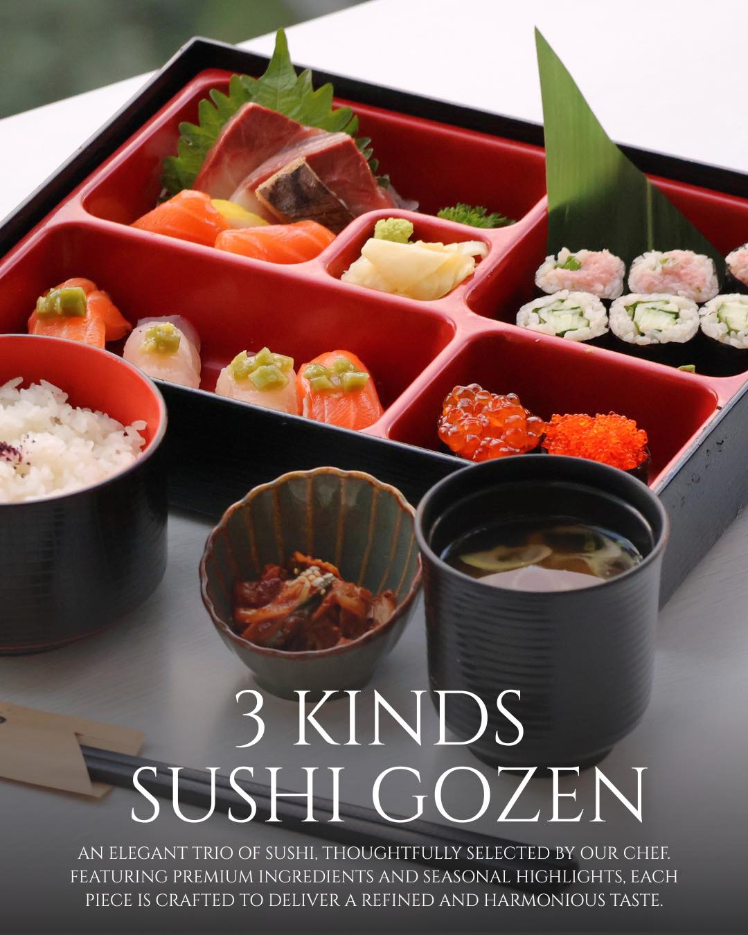 🍣✨ 3 Kinds Sushi Gozen

An elegant trio of premium sushi, carefully curated by our chef.
Featuring high-quality ingredients and balanced flavors in every bite.

Served with rice, soup, and traditional Japanese sides,
offering a refined and authentic dining experience.

📍 Treat yourself to a moment of true Japanese indulgence.

#SushiGozen
#JapaneseCuisine
#PremiumSushi
#SushiLovers
#JapaneseFoodExperience 🍣✨