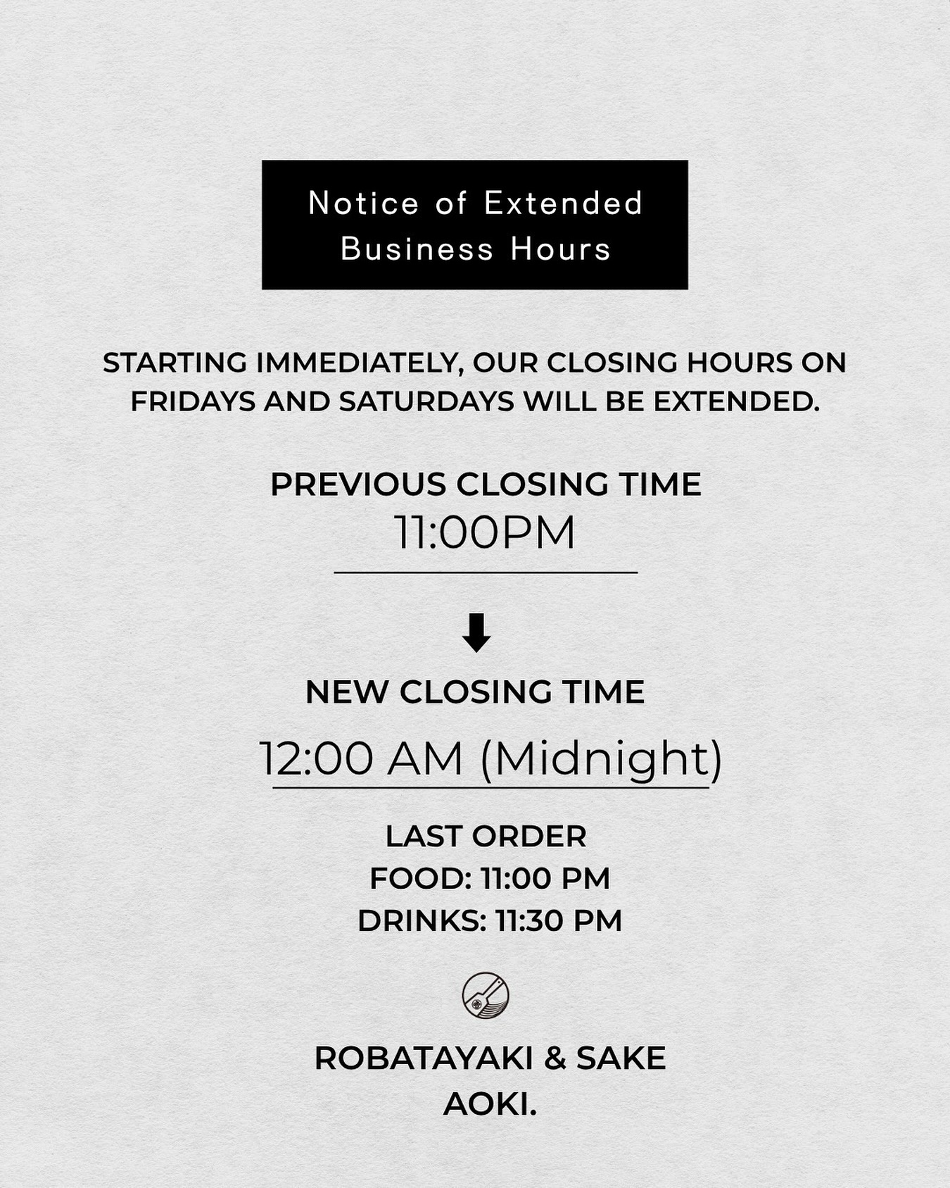 Weekend nights just got longer.
Starting now, we’re open until midnight on Fridays & Saturdays.

Last Order
Food: 11:00 PM
Drinks: 11:30 PM

We look forward to welcoming you at AOKI.

⸻

คืนวันศุกร์และวันเสาร์ สนุกได้ยาวขึ้นแล้ว ✨
ตั้งแต่วันนี้เป็นต้นไป ร้านเปิดถึงเที่ยงคืน

Last Order
อาหาร 23:00 น.
เครื่องดื่ม 23:30 น.

แล้วพบกันที่ AOKI ครับ