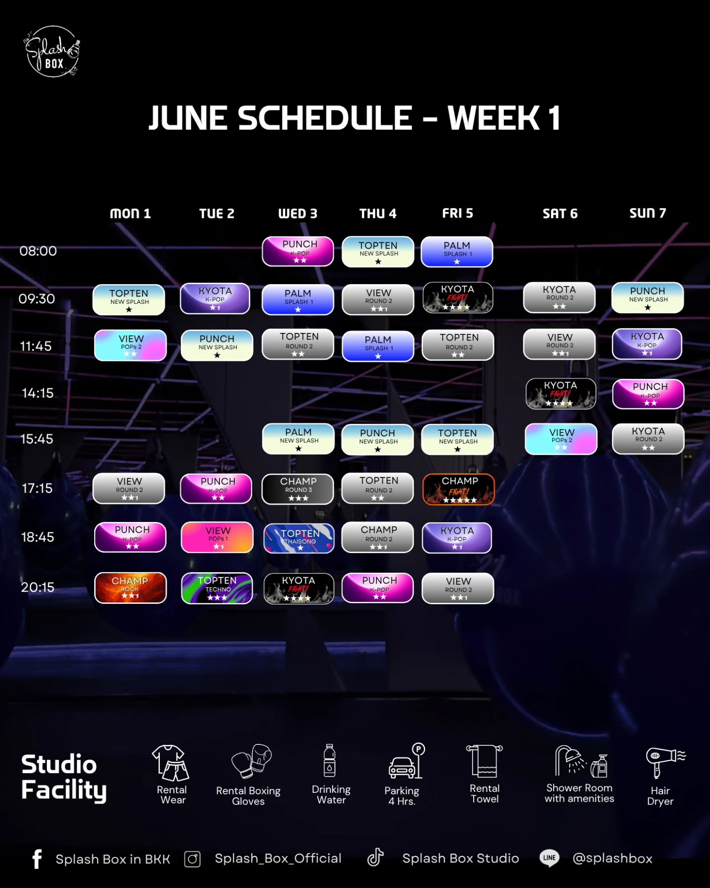 🔥 June 2026 WEEKLY SCHEDULE IS HERE!

📢 Scroll through this Album Post for everything you need to know!

SPLASH BOX STUDIO, a New Era of Boxing where your workout creates the music offering a DARK-BEAT-BOXERCISE class and a private gym.

We combine high-energy circuit training with curated shadow boxing and aqua bag boxing to the unique rhythm of EDM music.

This 45-minute workout can burn up to 500+ calories.

Book Now
👇Line Official : @ splashbox
_________________________
🥊 Splash Box Studio
📌 Marche’ Thonglor, Building A, 5M Floor
🕘 Opening hours : 9:00 to 22:00
🚿 Full Amenities Provided (Rental Sportswear, Rental Gloves, Rental Towels, Toiletries & Skincare)

#Splashbox #DarkBeatBoxercise
#ผับของคนรักสุขภาพ #ThonglorGym #privategym
