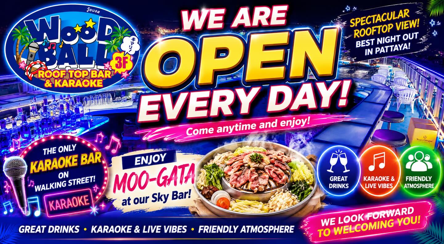いつもウッドボールパタヤビーチ店にお越し頂き、ありがとうございます！
5月31日は仏教日ですが、ウッドボールパタヤビーチ店は、通常営業いたします！
ぜひ、皆さまのお越しをお待ちしております。
　
Thank you always for visiting Woodball Pattaya Beach.
Although May 31 is a Buddhist holiday, Woodball Pattaya Beach will be open as usual.
We look forward to welcoming you.
　
ขอบคุณทุกท่านที่มาใช้บริการ Woodball Pattaya Beach เสมอค่ะ
แม้ว่า วันที่ 31 พฤษภาคม จะเป็นวันพระ แต่ Woodball Pattaya Beach จะเปิดให้บริการตามปกติ ค่ะ
รอทุกท่านมาใช้บริการอยู่นะคะ
　
　
"Woodball Pattaya Roof Top Bar & Karaoke"
Address: 94/7 3rd and 4th Floor, Moo10, Walking Street, Pattaya City
TEL: 03-313-2288
Opening Hours: 18:00 - 04:00
LINE:@woodball_pattaya (https://lin.ee/fRYUsCh)
Google Maps: https://maps.app.goo.gl/LvpGaZAyymt77A7s6