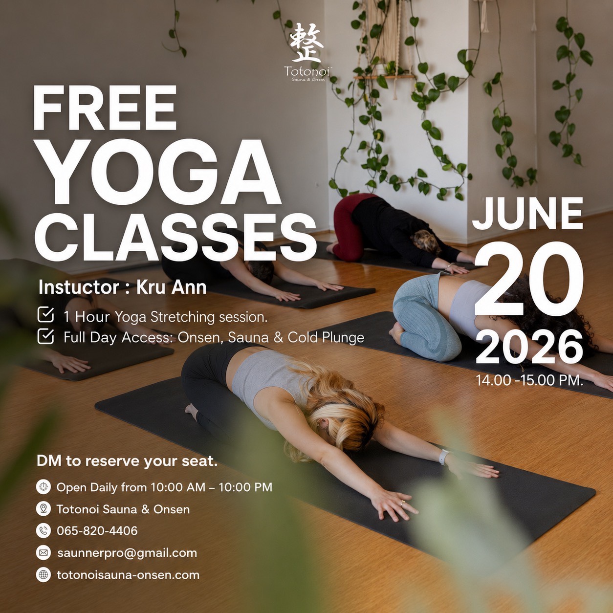 ✨🙋🏻‍♀️Tag a friend❗️FREE Yoga Class‼️Say goodbye to back pain and office syndrome.
Enjoy deep, expert-guided stretches to heal your body. Bring your bestie, stay consistent, and feel amazing! Secure your spot today at Totonoi Sauna & Onsen. 🧘🏻‍♀️🌈

✨🙋🏻‍♀️แท็กเพื่อนด่วน❗️คลาสโยคะฟรี‼️ บอกลาอาการปวดหลังและออฟฟิศซินโดรมไปได้เลย
มาเพลิดเพลินกับการยืดเหยียดร่างกายอย่างล้ำลึก โดยการดูแลจากผู้เชี่ยวชาญที่จะช่วยฟื้นฟูร่างกายของคุณ ชวนเพื่อนซี้มาฝึกด้วยกันอย่างสม่ำเสมอ แล้วมารู้สึกดีไปด้วยกัน! จองสิทธิ์ของคุณได้แล้ววันนี้ ที่ Totonoi Sauna & Onsen 🧘🏻‍♀️🌈
 

📥DM us on Instagram to book.

⏰ เปิดให้บริการ: 10.00 น. - 22.00 น.
📍 Totonoi Sauna & Onsen
☎️ 065-820-4406
📧 saunnerpro@gmail.com
🌐 totonoisauna-onsen.com

#TotonoiSauna #Sauna #BangkokWellness #SaunaBangkok
#SaunaThailand #SaunaTime #WellnessJourney #RelaxRecharge
#JapaneseSauna #SaunaLifestyle #YOGA