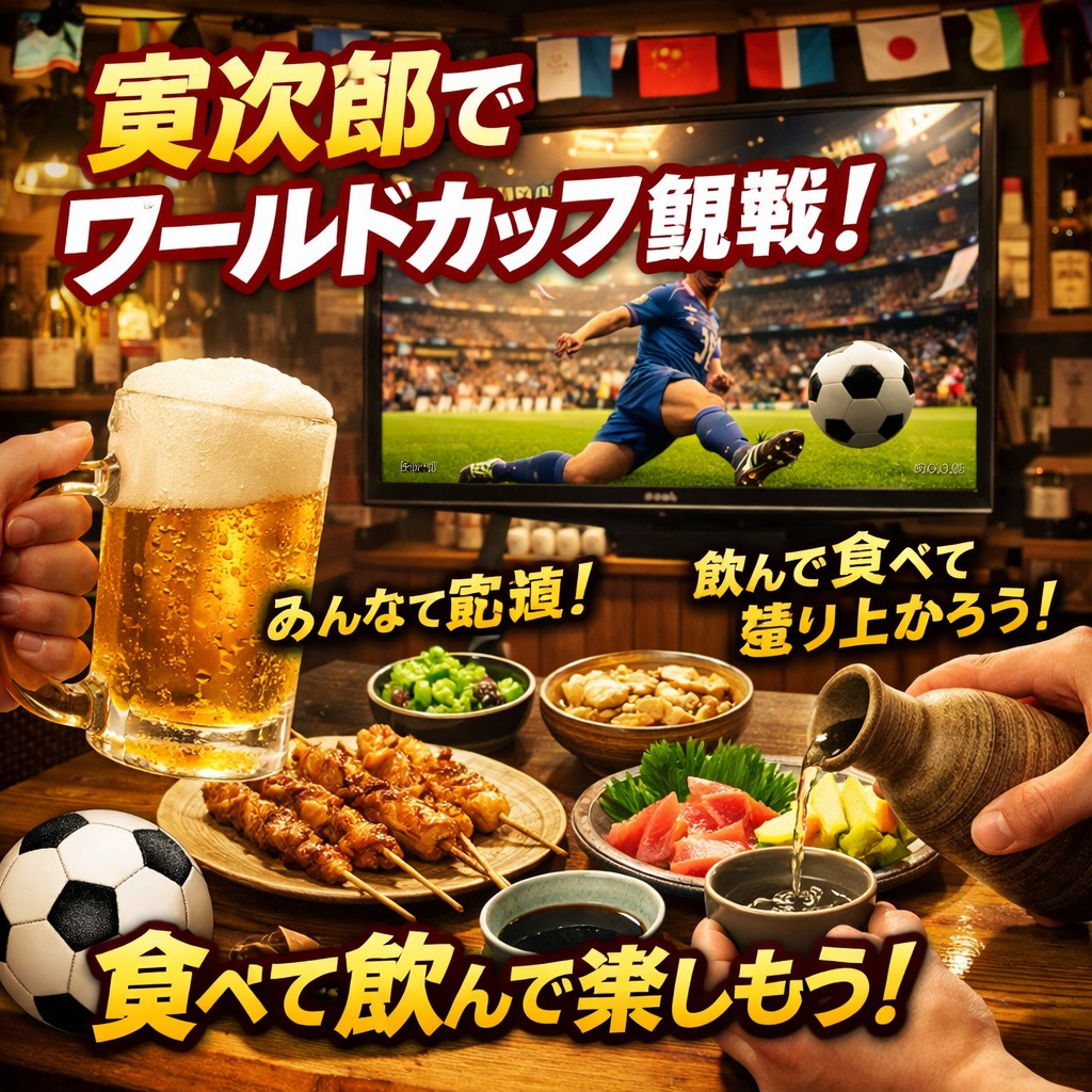 スポーツの熱気を感じませんか？

ワールドカップの期間中、寅次郎では特設テレビルームをご用意しています！試合を観戦しながら、美味しいお料理をゆったりと楽しむことができます。

もちろん、お一人でのご来店も大歓迎です。試合のない時間帯も、ハイライトや過去の名勝負を楽しめるビデオを流していますので、いつでも臨場感たっぷりのサッカータイムをお届けします。

友人や家族と一緒に、一体感を感じるひとときを過ごしてみるのはいかがでしょうか？

様々な料理とドリンクでお待ちしておりますので、お気軽にお立ち寄りください。

รู้สึกถึงความร้อนแรงของกีฬาไหม?

ในช่วงเวลาของการแข่งขันฟุตบอลโลก ทราโจะมีห้องทีวีพิเศษเตรียมไว้ให้คุณ! คุณสามารถเพลิดเพลินกับอาหารอร่อยพร้อมชมการแข่งขันอย่างสบายใจ

แน่นอน เรายินดีต้อนรับคุณที่มาคนเดียวเช่นกัน แม้ในช่วงที่ไม่มีการแข่งขัน เราก็มีวิดีโอไฮไลท์และเกมดังในอดีตให้คุณได้สัมผัสบรรยากาศสุดพิเศษของฟุตบอลได้ตลอดเวลา

ลองใช้เวลากับเพื่อนหรือครอบครัวเพื่อสัมผัสช่วงเวลาของความเป็นหนึ่งเดียวกันดูไหม?

เรามีอาหารและเครื่องดื่มหลากหลายรอคุณอยู่ แวะมาได้ทุกเมื่อเลยนะ

你能感受到体育的热情吗？

在世界杯期间，寅次郎为您准备了特别的电视观赏室！您可以一边悠闲地享用美味佳肴，一边欣赏比赛。

当然，欢迎您一个人前来光临。即使在没有比赛的时段，我们也会播放高光时刻和过去著名比赛的视频，让您随时都能感受到充满现场感的足球时光。

不妨和朋友或家人一起，度过一个感受团结一心的时刻吧？

我们准备了各种菜肴和饮品，随时欢迎您的光临，请轻松前来。

#居酒屋
#スポーツ観戦
#ワールドカップ
#特設ルーム
#寅次郎